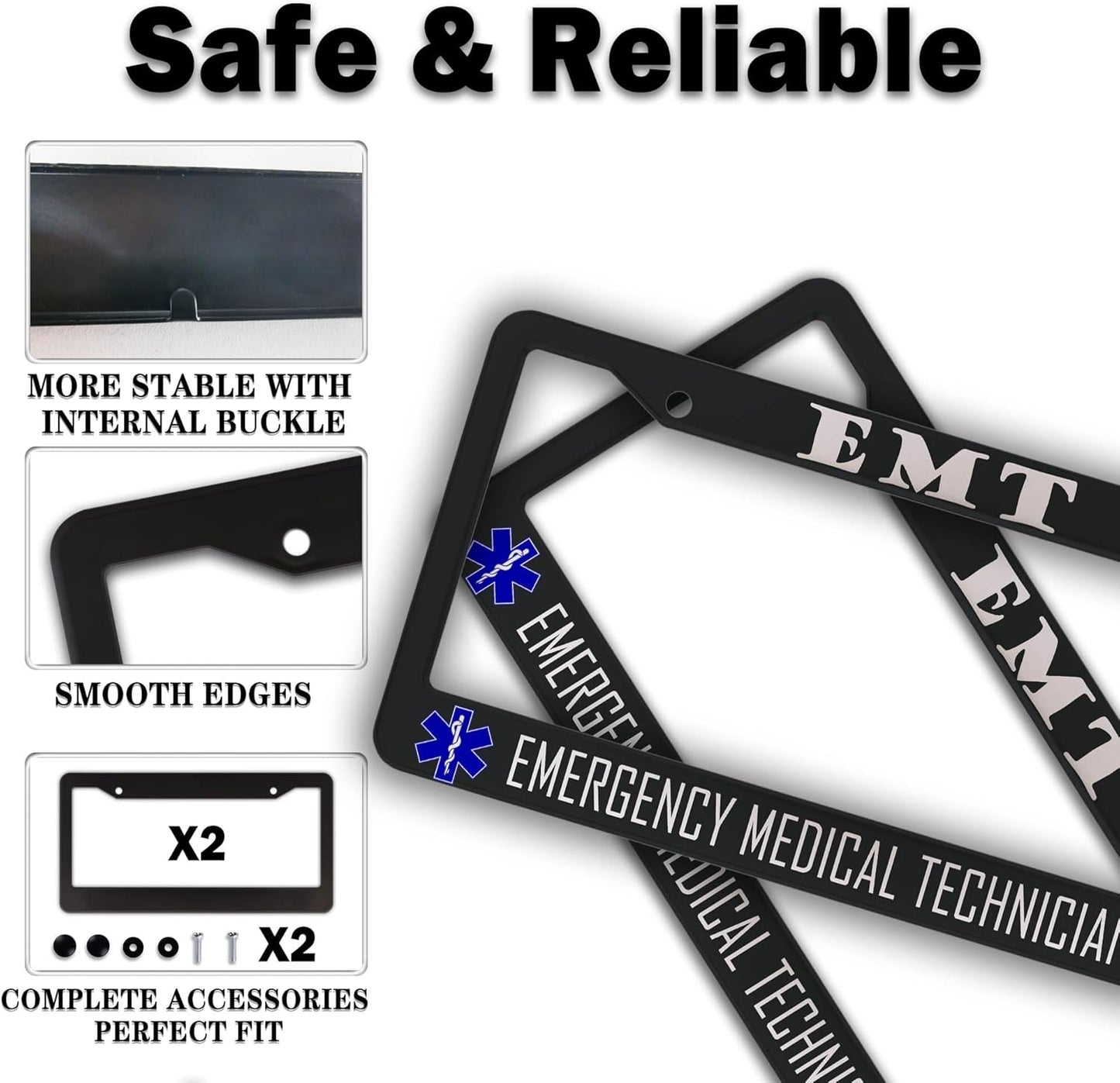 License Plate Bracket Black and White License Plate Frames EMT Emergency Medical Technician Aluminum Metal Car Accessory 2 Pack with Screw Covers Set