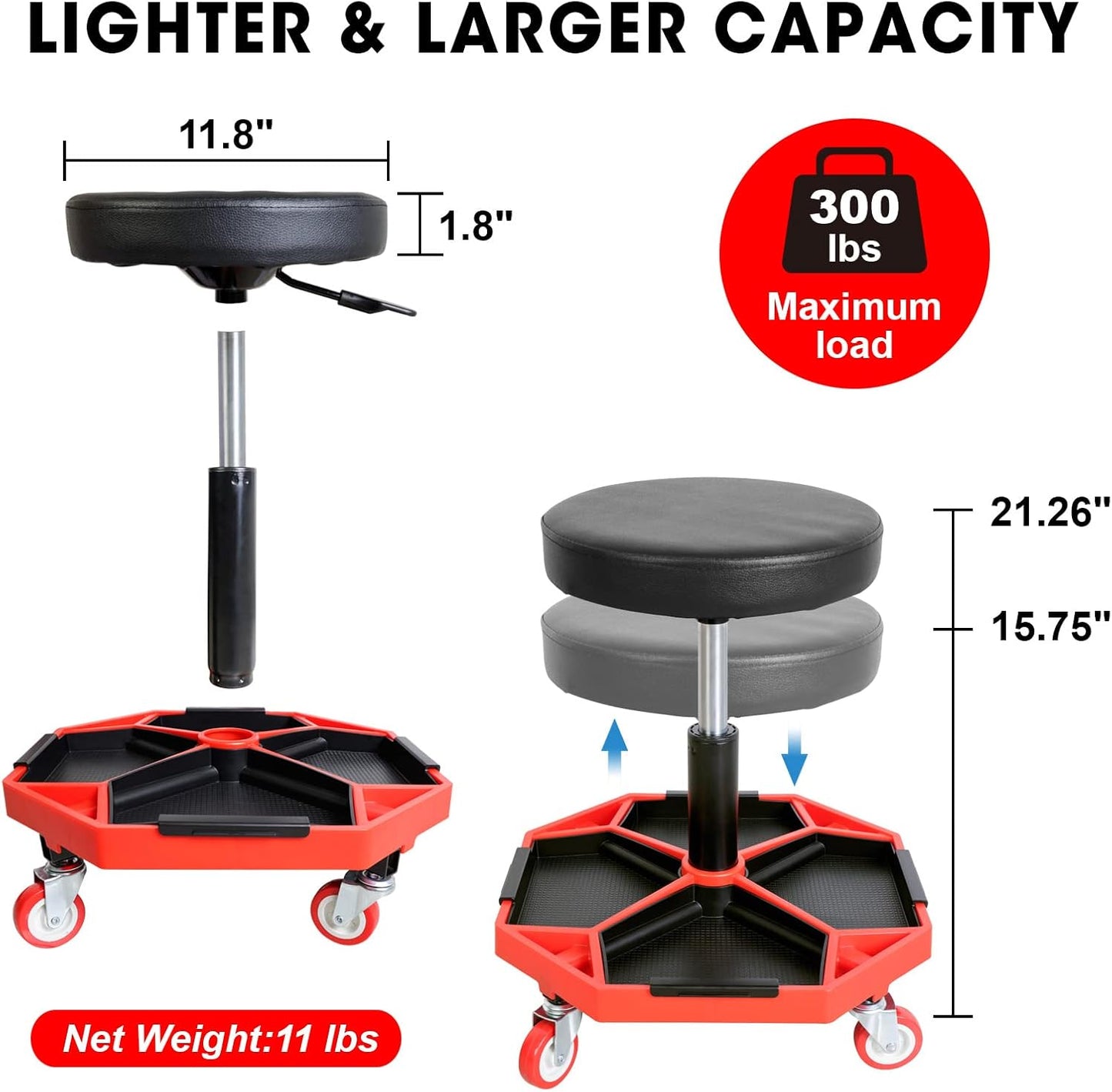 BIG RED ATRXF8308R Torin Heavy Duty Pneumatic Garage Rolling Stool/Creeper Seat with Removable Plastic Tray, 300 lb Capacity, Black/Red