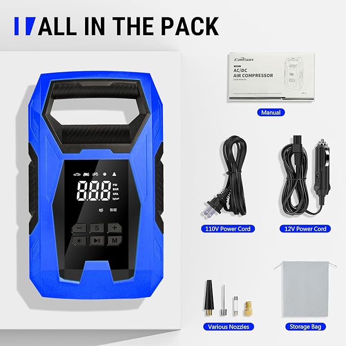 CARSUN AC/DC Tire Inflator Portable Air Compressor, Dual Power for Home 110V AC and Car 12V DC Air Pump with Pressure Gauge, Auto Shutoff, Tire Pump for Car Motorcycle Bike and Other Inflatables, Blue