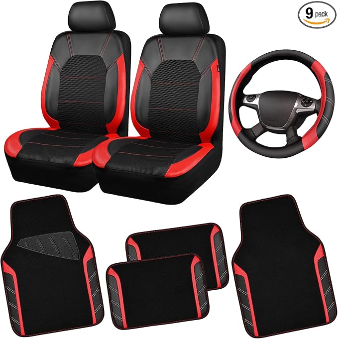 CAR PASS Air Mesh Leather Car Seat Covers for Front Seats, Waterproof Car Floor Mats, Sporty Steering Wheel Cover, Universal Fit for 95% Cars Truck SUV (Black and Red)