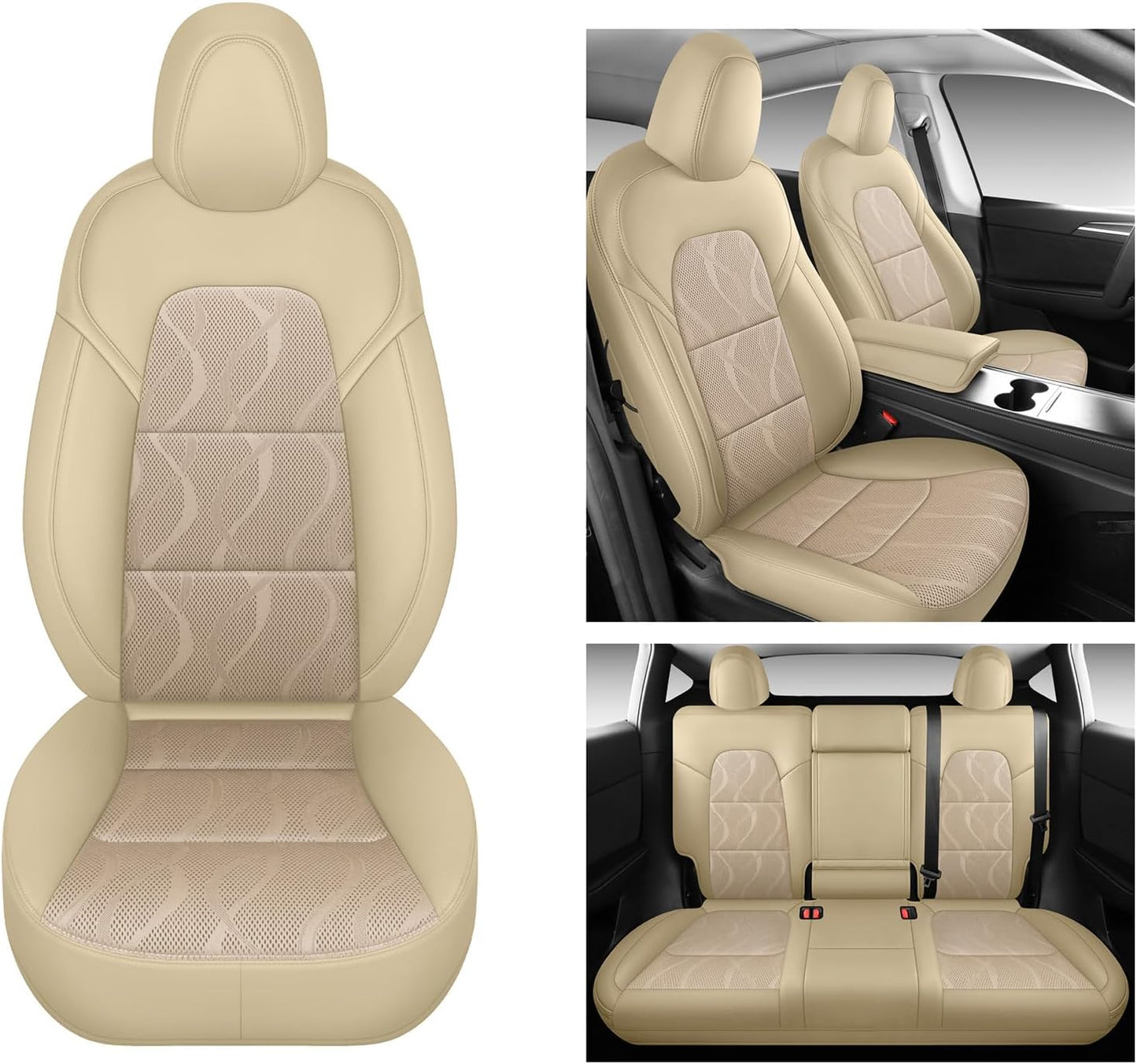 Tesla Model Y Seat Cover Full Set, Faux Leather Tesla Car Seat Cover, Perfect Suitable for Tesla Model Y 2020 2021 2022 2023 2024 2025 (Beige)