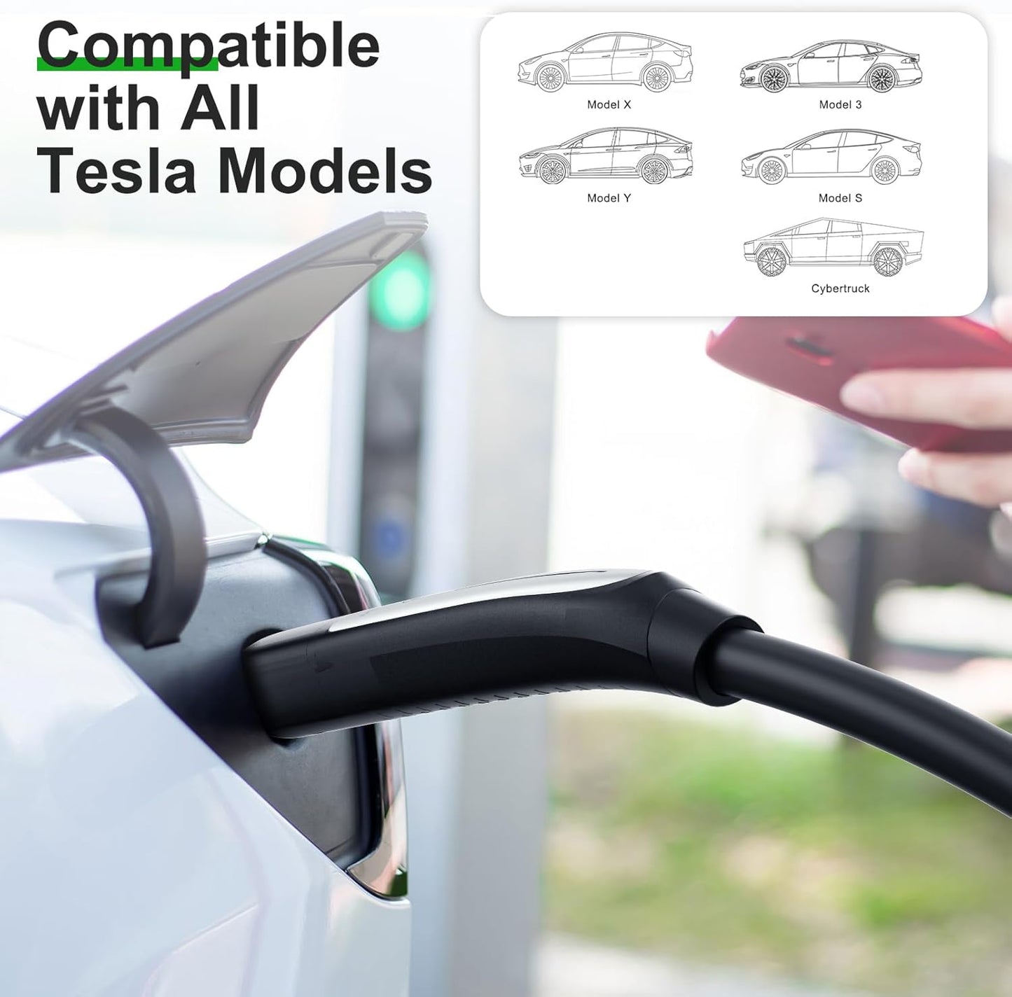 16 Amps Level 1 Tesla Charger, NEMA 5-15 Plug, Portable Electric Car Charger with a 23.5-Foot Cable, Compatible with Tesla Models X/Y/3/S and Cybertruck