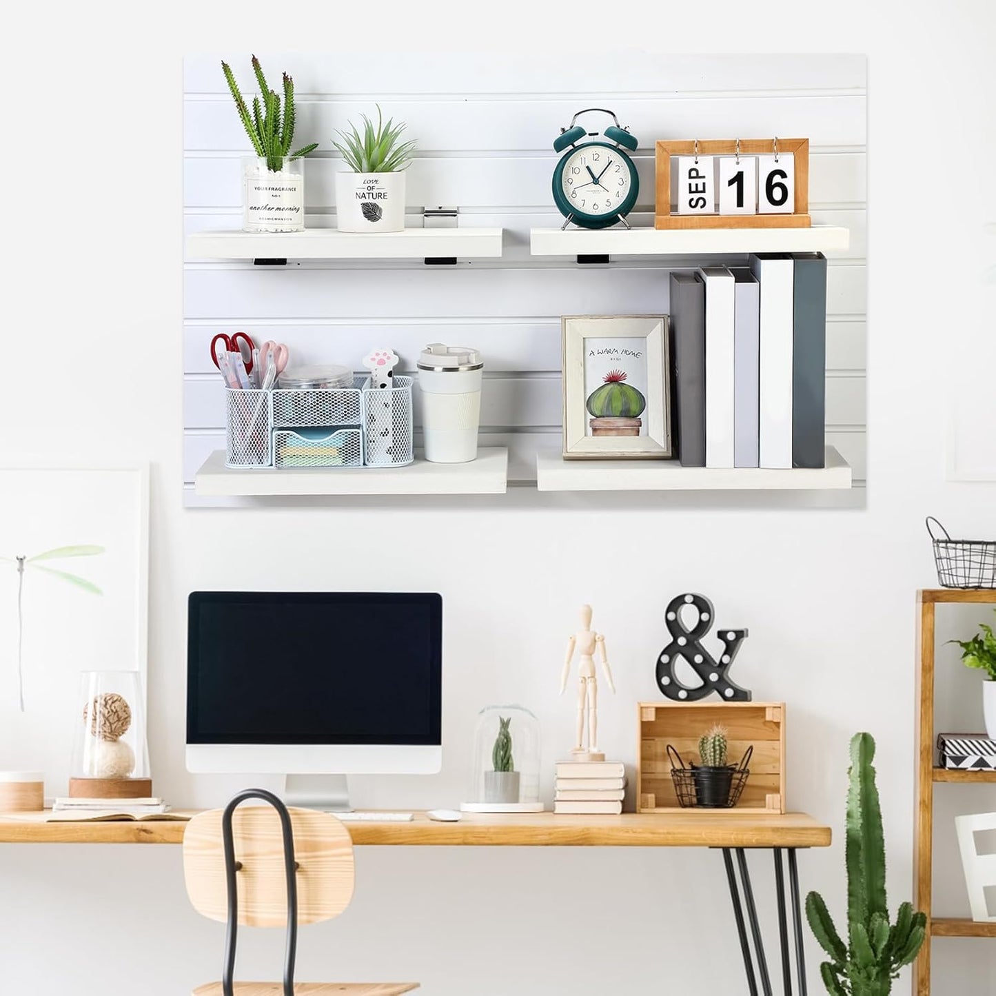 4 Pack Wooden Slatwall Shelf, 16.1" D x 6.7" W x 1.1" H Slatwall Shelves with Metal Hooks Organizer Set Mounted Accessories for Garage Home Workshop Workbench