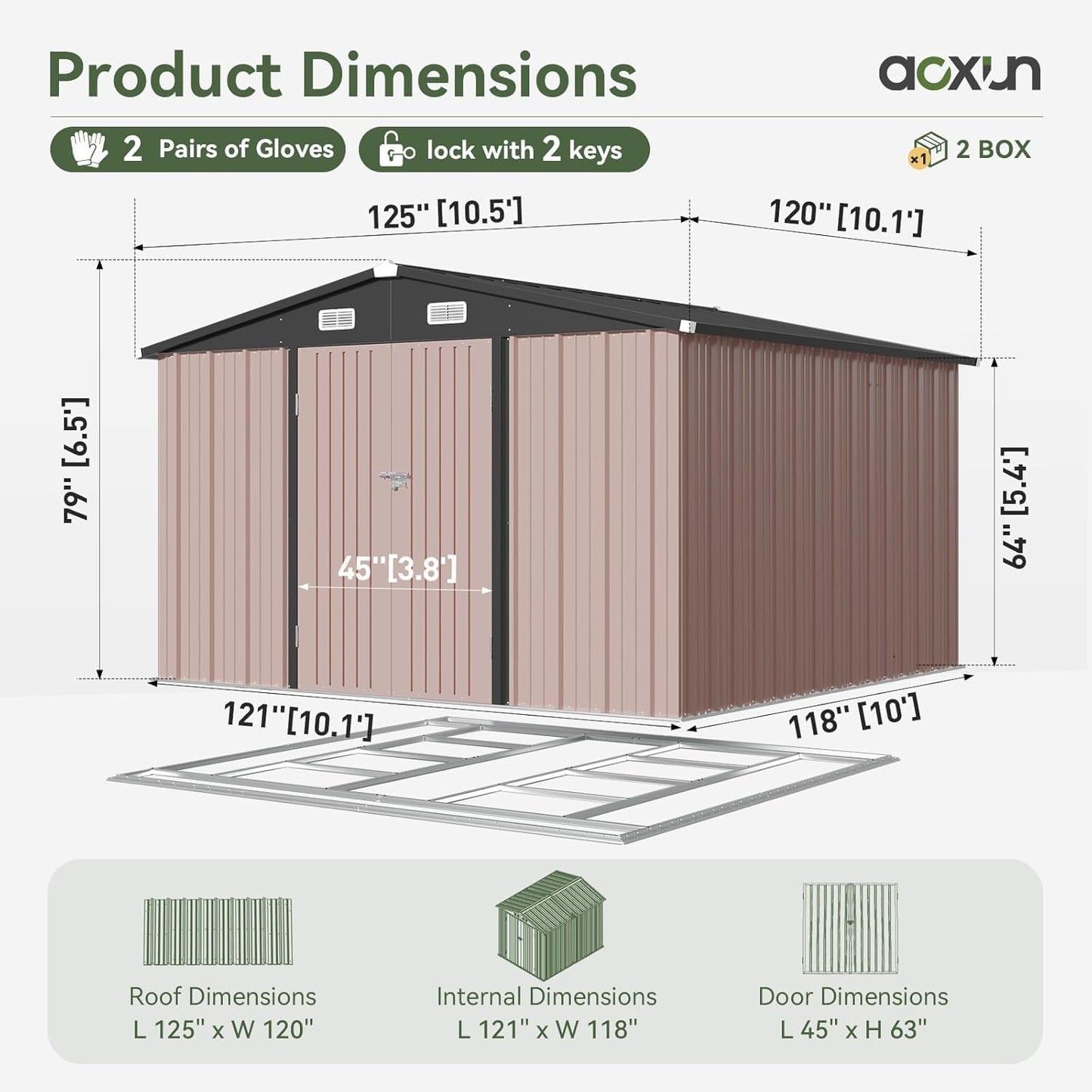 Aoxun 10x10 FT Shed Outdoor Storage Shed with Base, Large Shed Steel Utility Tool Shed Storage House with Door & Lock, Metal Sheds with Sloped Roof for Garden Patio Lawn Poolside, Brown