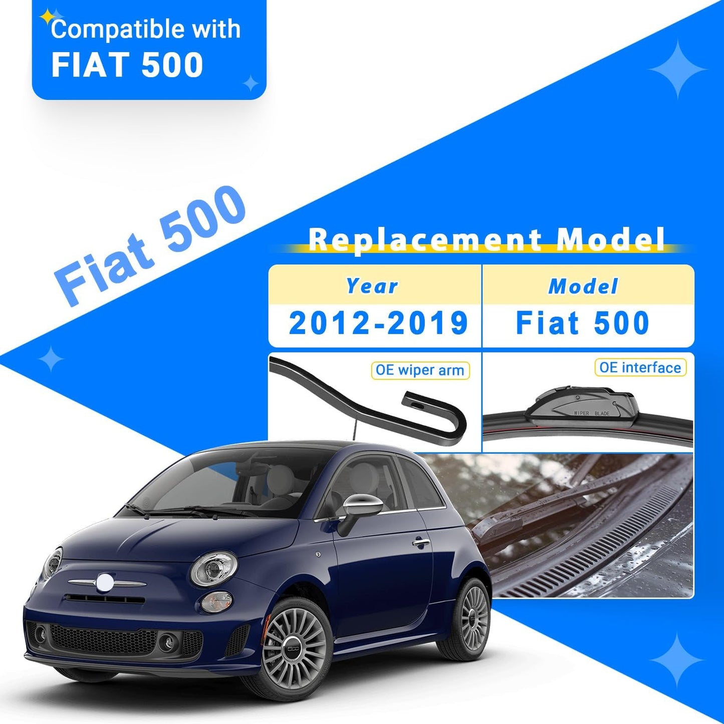 Windshield Wiper Blades Replacement for 2012-2019 Fiat 500 Original Factory Quality Front Rear Wipers Blade Set for My Car - 24" 14" 12" (Pack of 3)