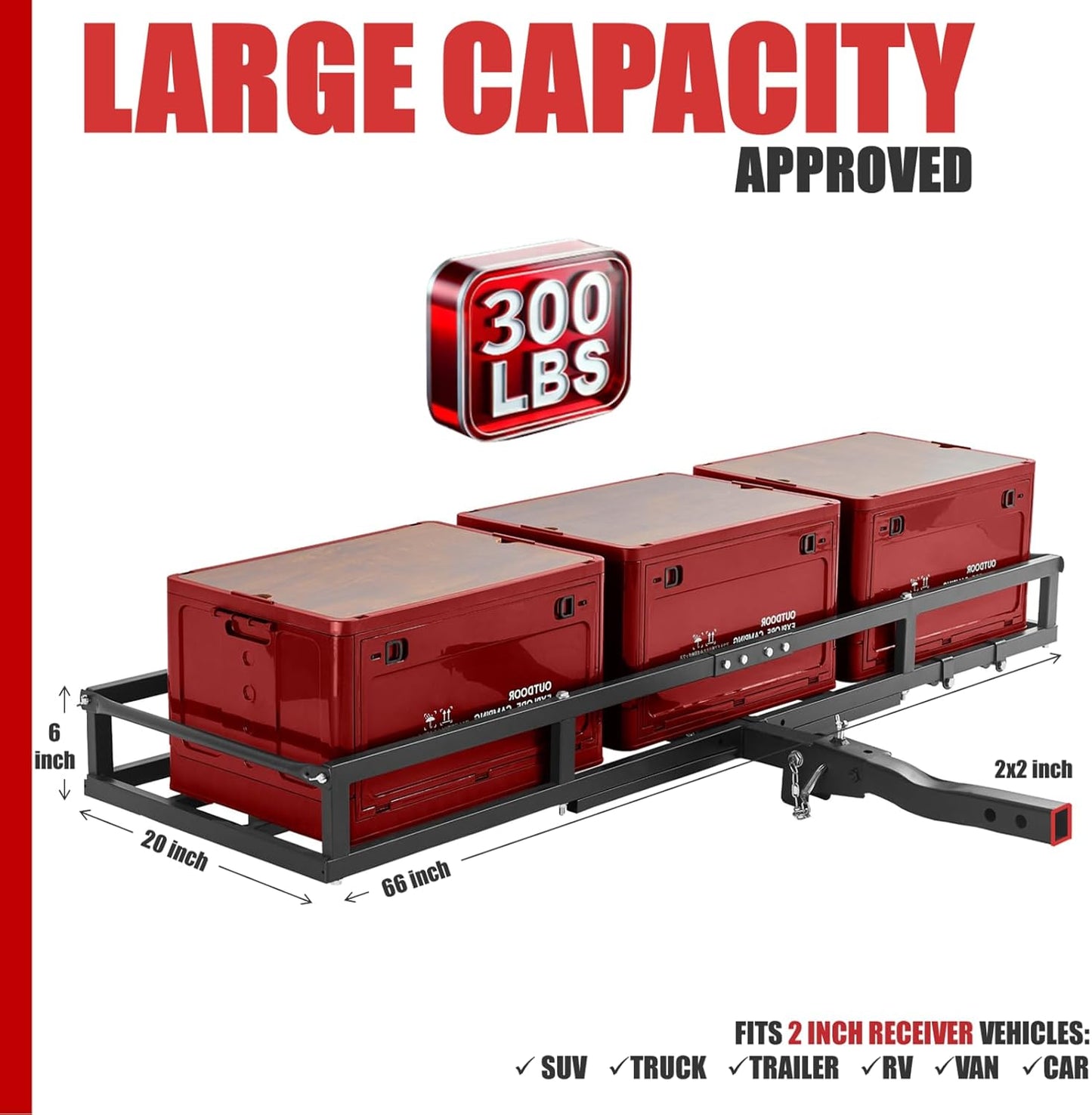 Hitch-Mount Bike Rack for Ebike Heavy-Duty - Comes with Cargo Carrier Fits 2 Electric Fat-Tire Mountain Bicycles Fits 2" Receiver for Car Trailer SUV Truck RV Minivan (Red)