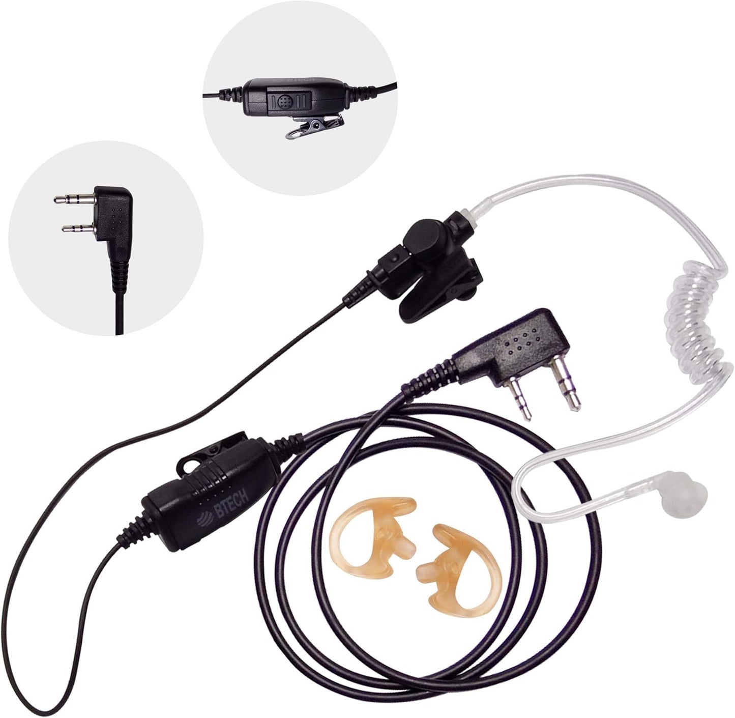 BTECH QHM07 Platinum Series Noise-Cancelling Earpiece with in-line PTT & Microphone for K1 Radios Like BaoFeng, Kenwood Radios (Includes Earmolds and Earbud, 1 Pack)