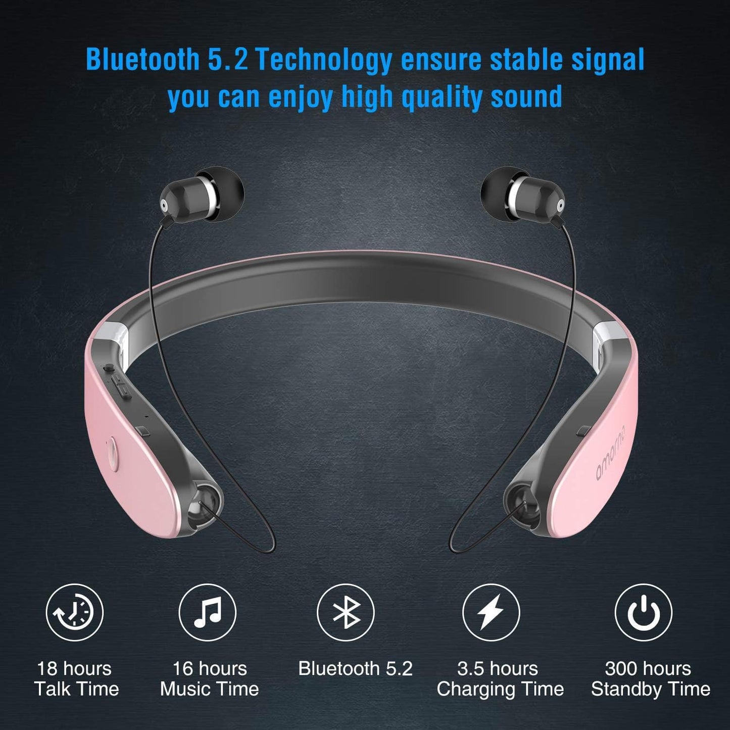 AMORNO Foldable Bluetooth Headphones Wireless Neckband Headset with Retractable Earbuds, Sports Sweatproof Noise Cancelling Stereo Earphones with Mic …