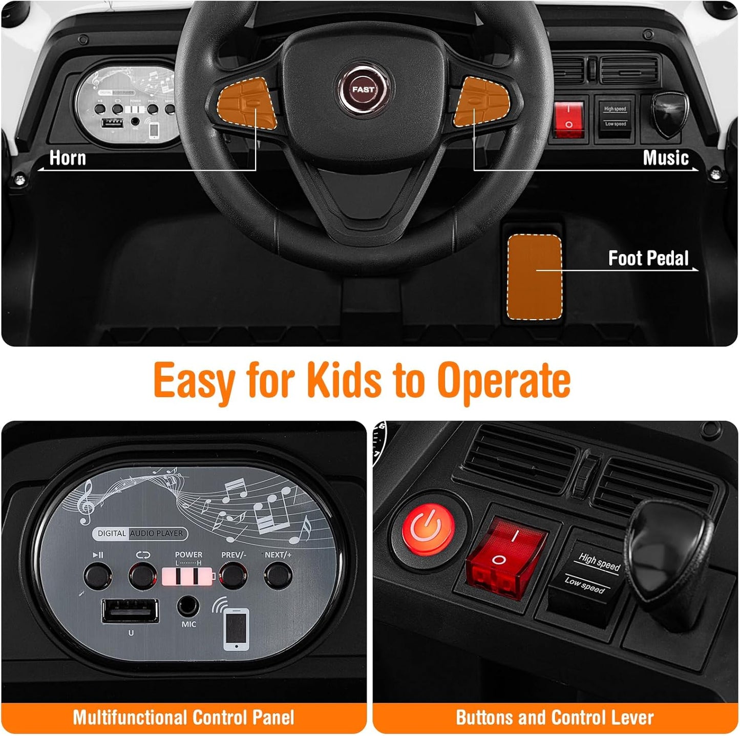 Costzon Kids UTV, 12V Battery Powered Electric Off-Road Car w/Remote Control, Sounds, Wireless Connection, 3 Speeds & 4-Wheel Suspension, Kids Ride on Truck, Gift for Boys & Girls 3+ Years Old (White)