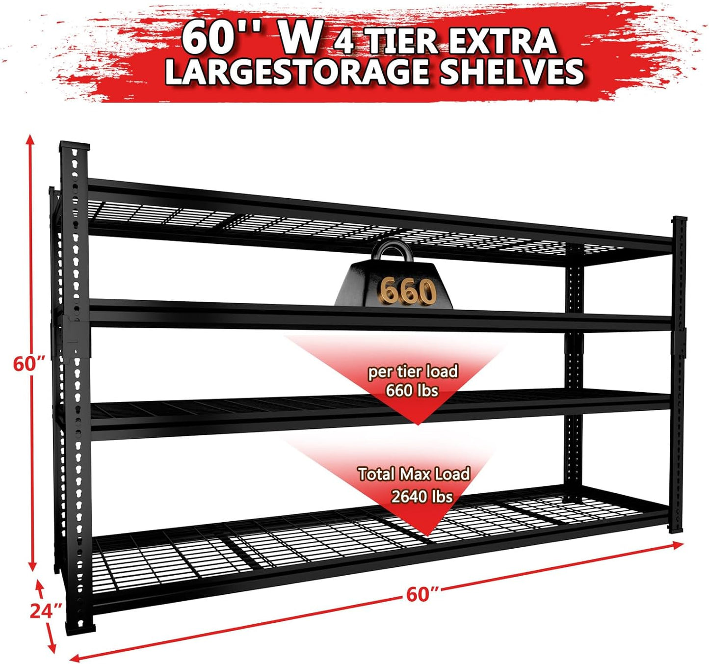 Storage Shelves, Garage Shelving Heavy Duty 2640LBS Capacity, 60"L x 24"W x 60"H Adjustable Metal Shelving Organizer Wire Rack, 4 Tier Utility Shelf Unit for Pantry Closet Warehouse Organization