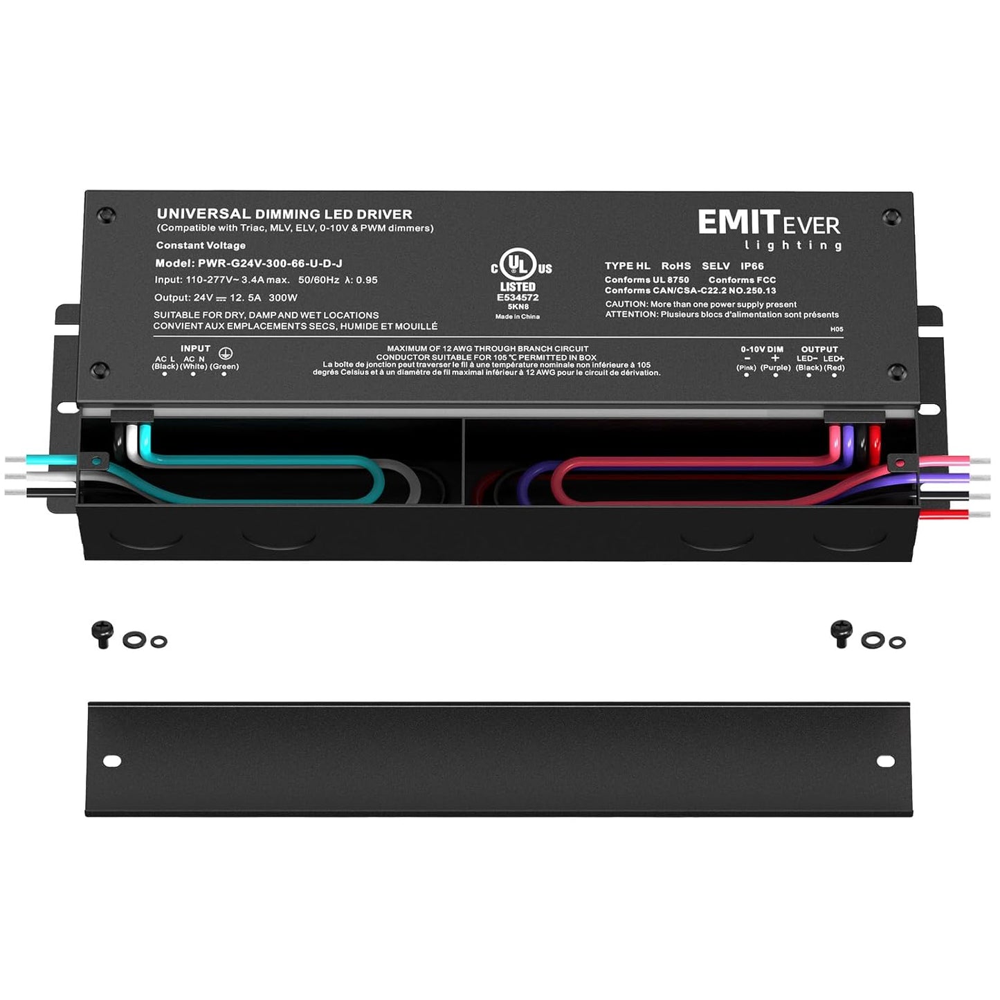 EMITEVER Dimmable Led Driver, 300W AC 110V-277V to DC 24V Transformer, 5-in-1 Dimming: ELV/MLV/TRIAC / 0-10V / 1-10V / 10V PWM/Potentiometer, Waterproof IP67 and UL Listed