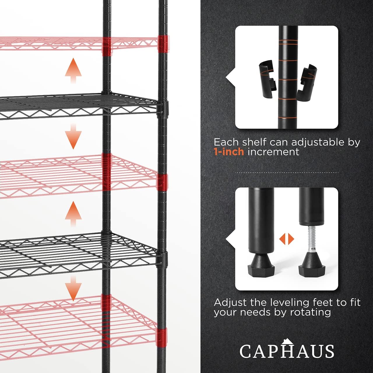 CAPHAUS 3/4/5-Tier Adjustable Height Wire Shelving Unit, Wire Rack Shelving, Metal Steel Storage Shelves, Garage Shelving Storage Organizer, Utility Storage Shelf, 5-Tier Without Wheels, Black