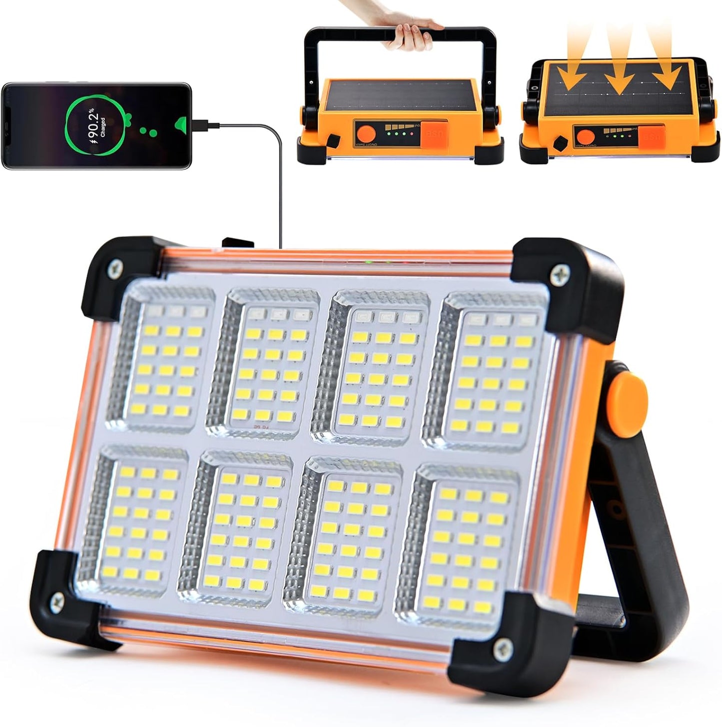 Rechargeable Solar Work Light Portable - IP66 Waterproof Job Site Flashlight with Stand, 10000LM 6600MAh Solar Flood Light for Mechanic, Camping, Car Repair, Fishing, Emergency