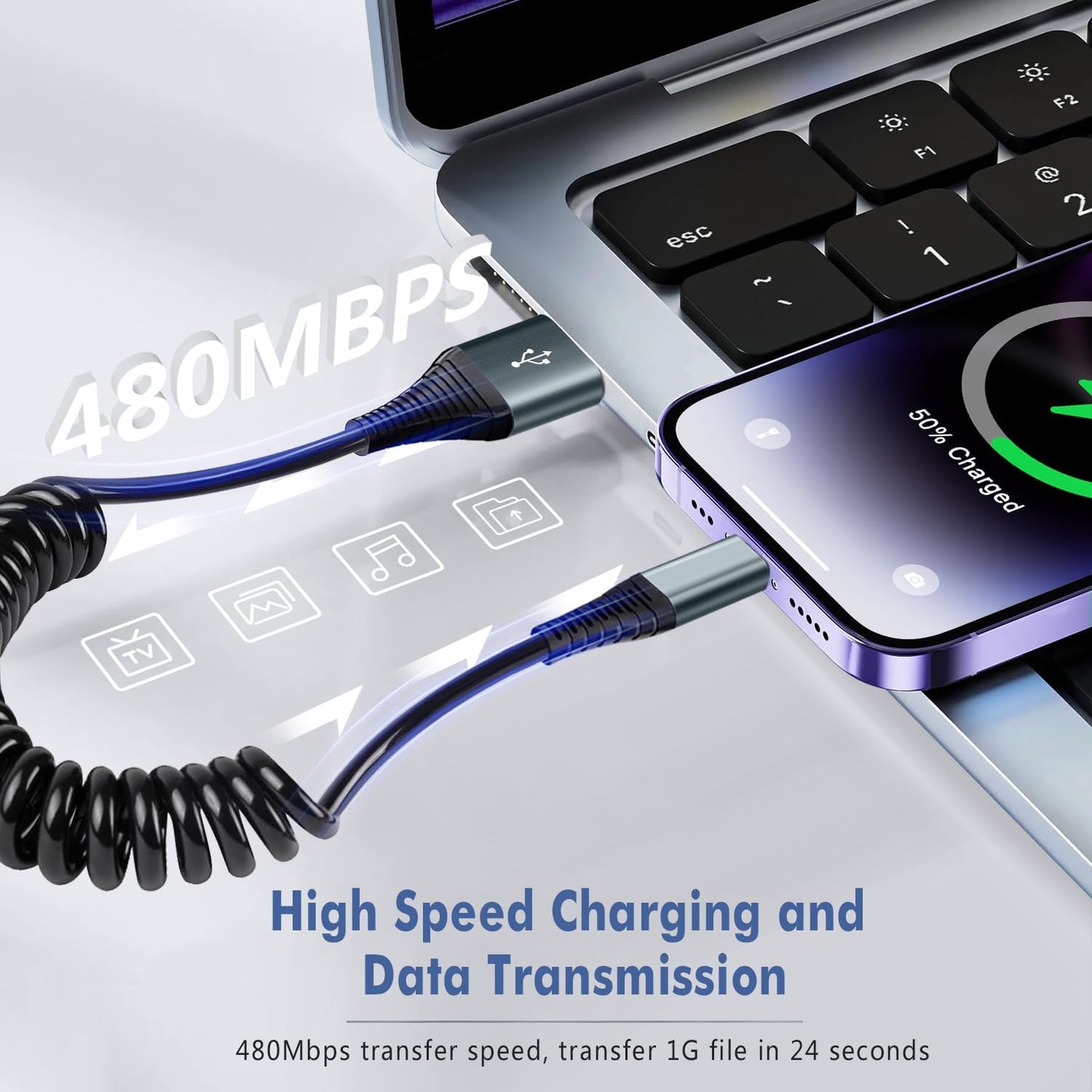 Coiled Lightning Cable 6FT,2 Pack MFi Certified Retractable iPhone Car Charger Cord,Apple CarPlay Cable Compatible with iPhone 14/13/12/11 Pro Max/XS Max/XR/X/8/7/iPad