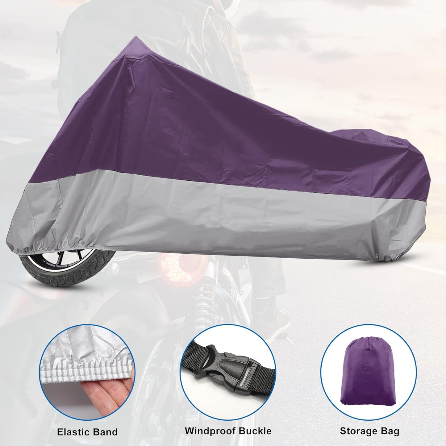 X AUTOHAUX Motorcycle Cover for Harley Davidson for Honda for Suzuki All Season Waterproof Sun Outdoor Protection Motorbike Cover Fits Up to 86.61'' Motorcycles Cover L Purple Silver Tone