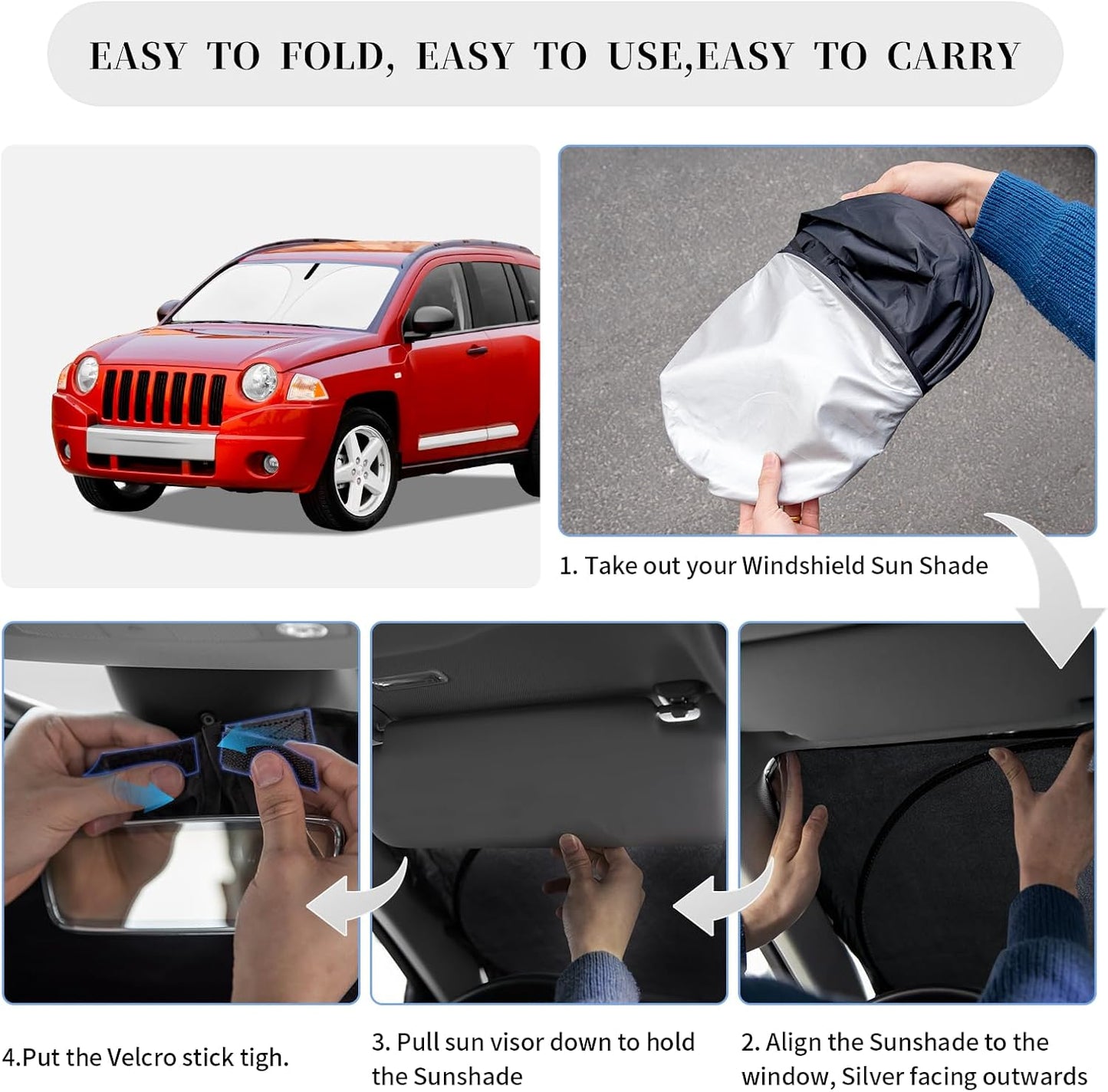 Sun Shade Sunshade for Jeep Compass Windshield Cover, 4-Layer Front Window Shade Custom fit Compass 2007-2016 Sun Visor 240T Retractable Shade Shield Blocks UV Rays Cooler Car Accessories