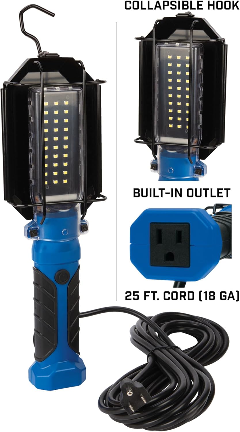 Performance Tool W2237 25' 18GA 1,000 lumen 120V LED Drop Light with Extra Built in 120V Outlet, 1 Pack