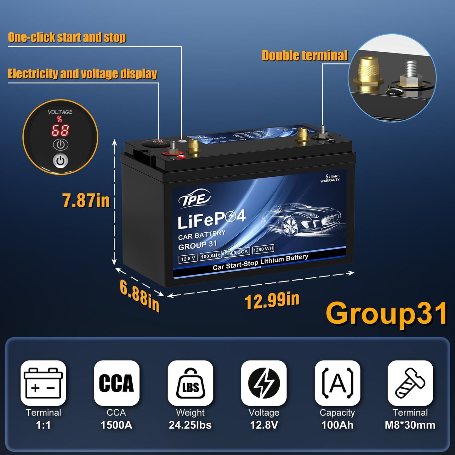 TPE BCI Group31 Car Start Stop System LiFePO4 Lithium-ion Battery 12.8V 100AH 1500A 1280WH Lightweight High Performance Battery Level Display Dual Port