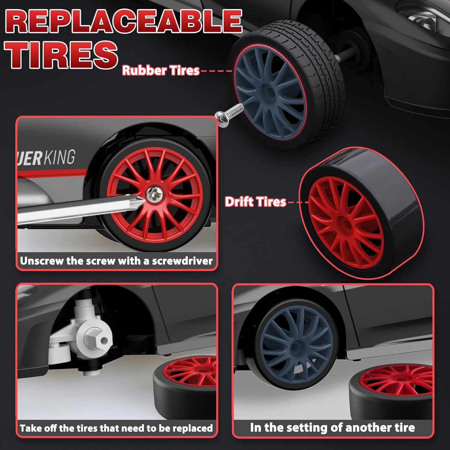 RC Drift Cars, 2.4Ghz 1:24 Remote Control Car 4WD High Speed Drifting RC Car with LED Light and Drift Tires Racing Toy Cars for Kids Boys Girls Adults(Black)