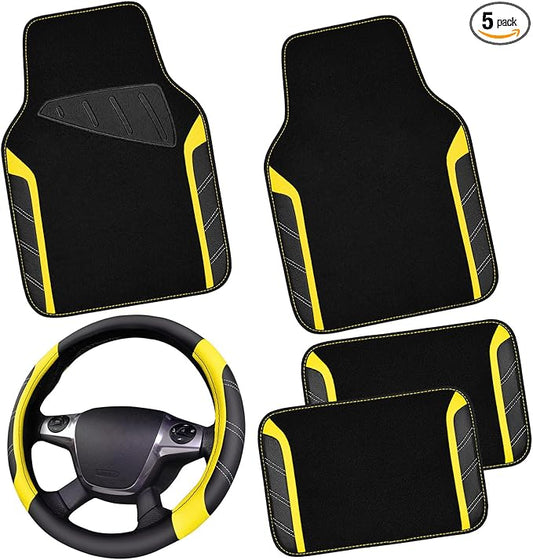 CAR PASS Leather Steering Wheel Cover and Waterproof Car Floor Mats,Microfiber Universal Car Combo Fit for 95% Sedan SUV Van Truck,14.5-15 inch Sporty Anti-Slip Safety Comfortable Design, Black＆Yellow