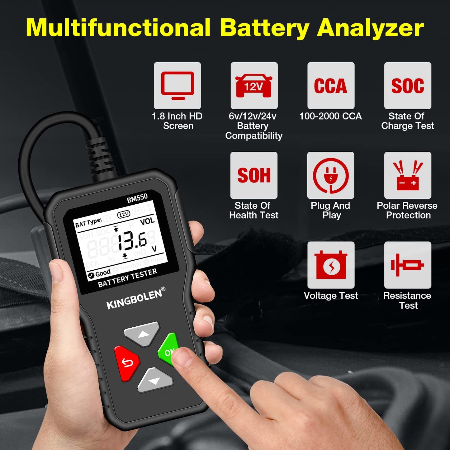 KINGBOLEN BM550 6V 12V 24V Car Battery Tester, 100-2000 CCA Voltage Tester 2Ah-220Ah Internal Resistance Tester Accurate Digital Auto Battery Analyzer for Cars Trucks SUV ATV Boats Motorcycles Vehicle