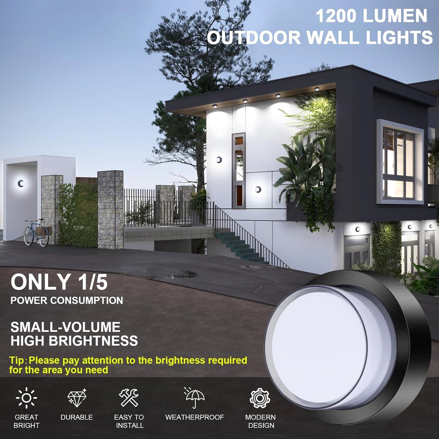 Outdoor LED Flood Lights, Waterproof Modern Exterior Wall Light, 12W Anti Rust Outside Porch Lighting with 6000K Daylight Small Circle Wall Mount Fixtures for House Backdoor Yard Entryway