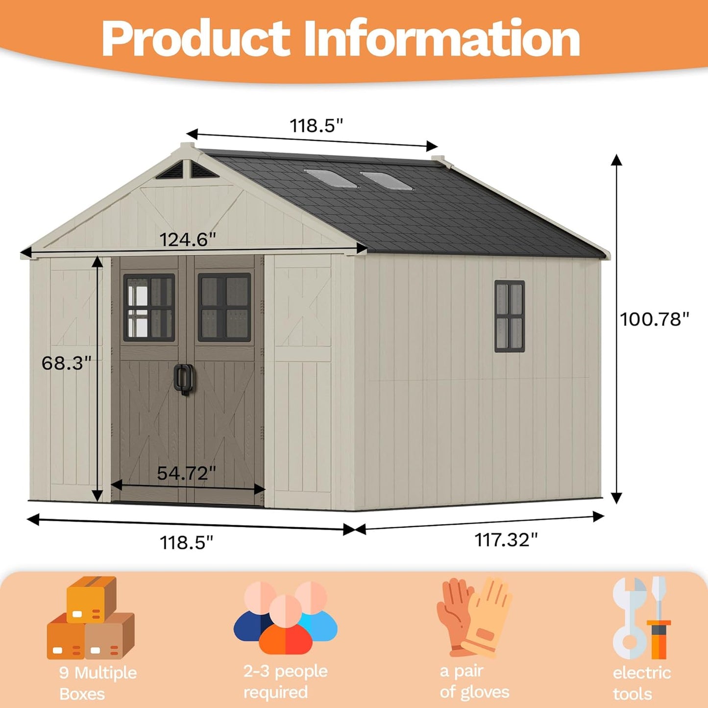 Devoko 10 x 10 FT Plastic Outdoor Storage Shed with Windows, Resin Tools Shed with Floor Large Storage Garden Shed for Patio,Garden, Backyard, Lawn, Beige