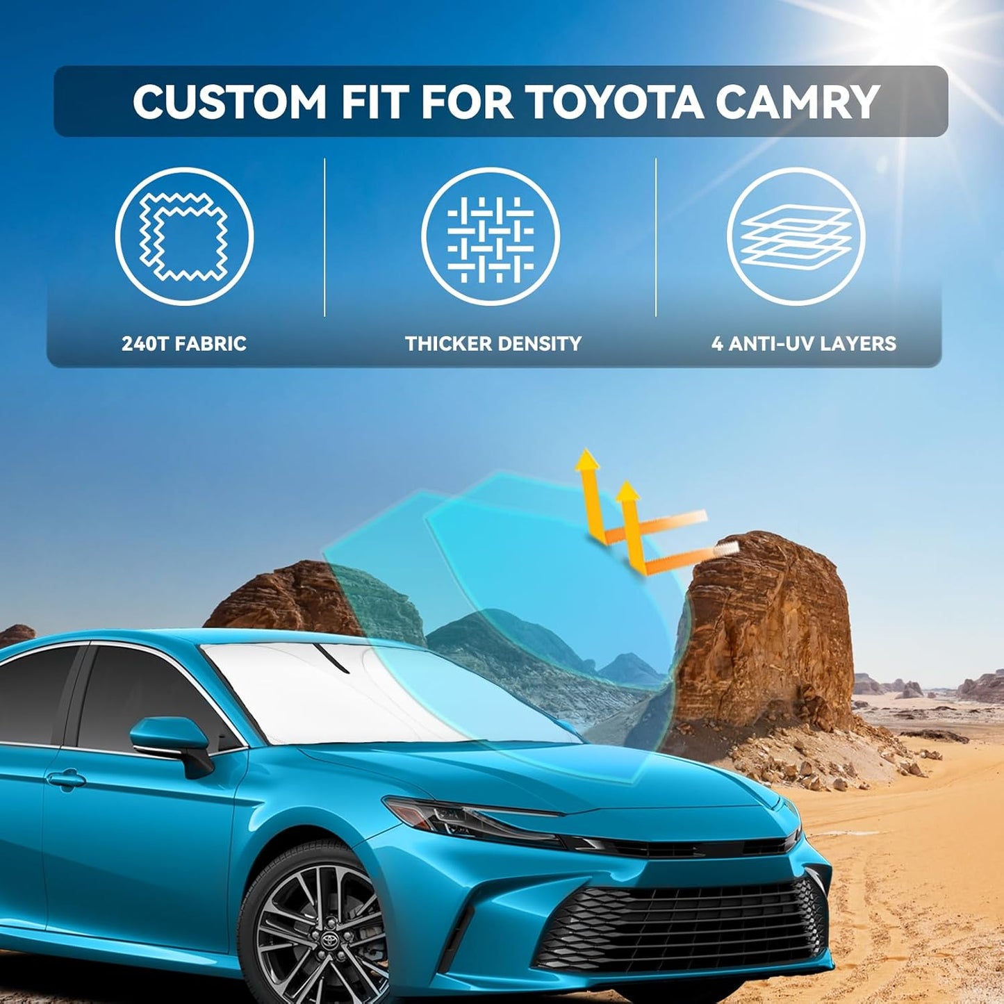Windshield Sun Shade for Toyota Camry 2025 2026 LE XLE Hybrid SE XSE - 4 Layers Car Sunshades for Front Windows Shade Cover Custom Fit Camry Sun Visor 240T Retractable Blocks Shade UV Rays Accessories