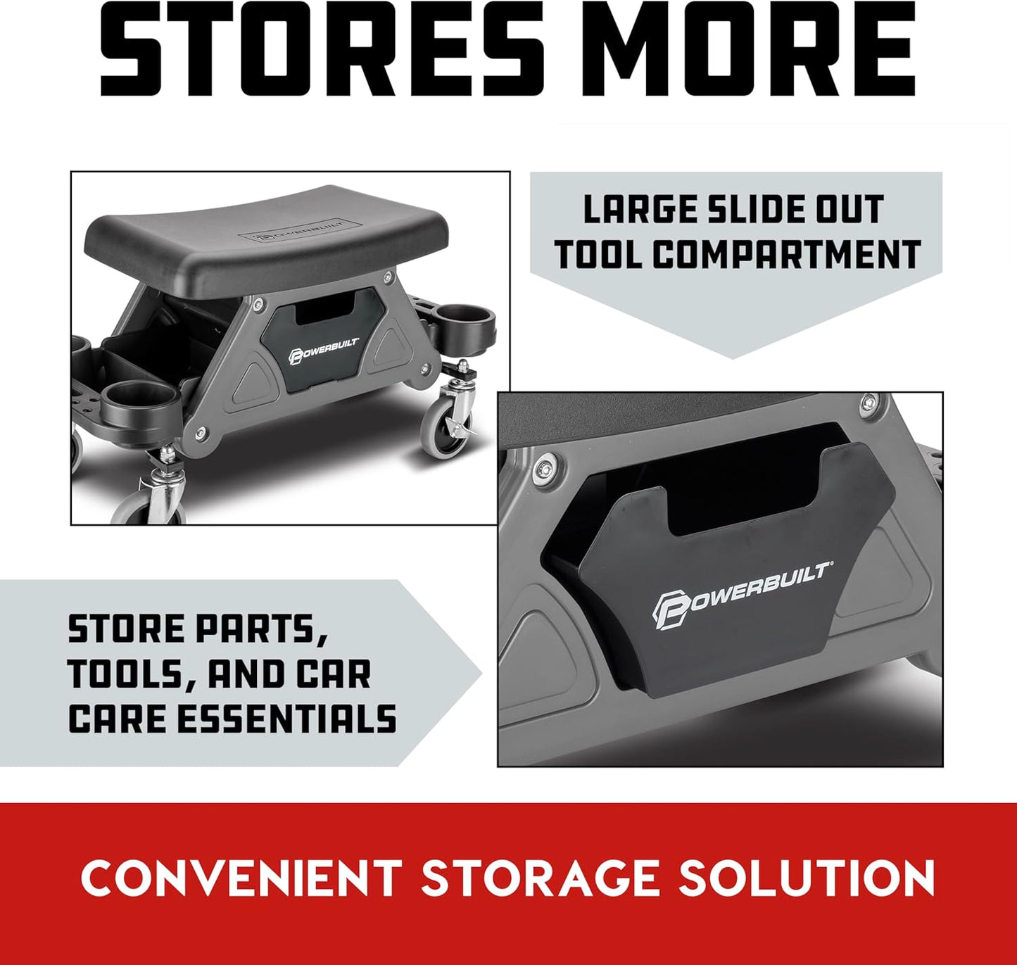 Powerbuilt Heavy-Duty Utility Rolling Seat Upgraded with Padding, Sturdy Locked in Trays, Premium Wheels for Garage Work - Grey 642924ECE