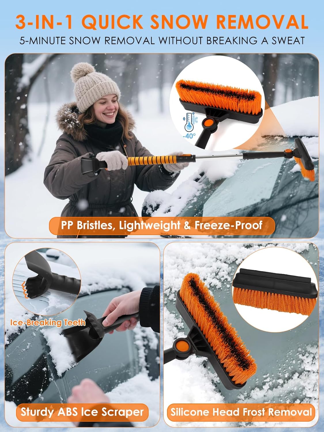 90° Fixed Rotation 3-in-1 Car Snow Brush and Ice Scraper for Cars Windshield with Silicone Squeegee Ergonomic Aluminum Foam Grip Handle 43.3" Extendable for Car Truck SUV Home Winter Snow Removal