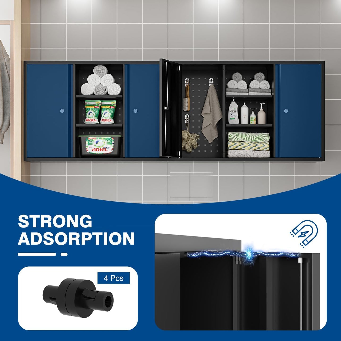 Metal Wall Cabinets for Storage with Locking Doors Adjustable Shelf Pegboard and Hooks, Metal Garage Wall Cabinet, Floating Upper Storage Cabinet