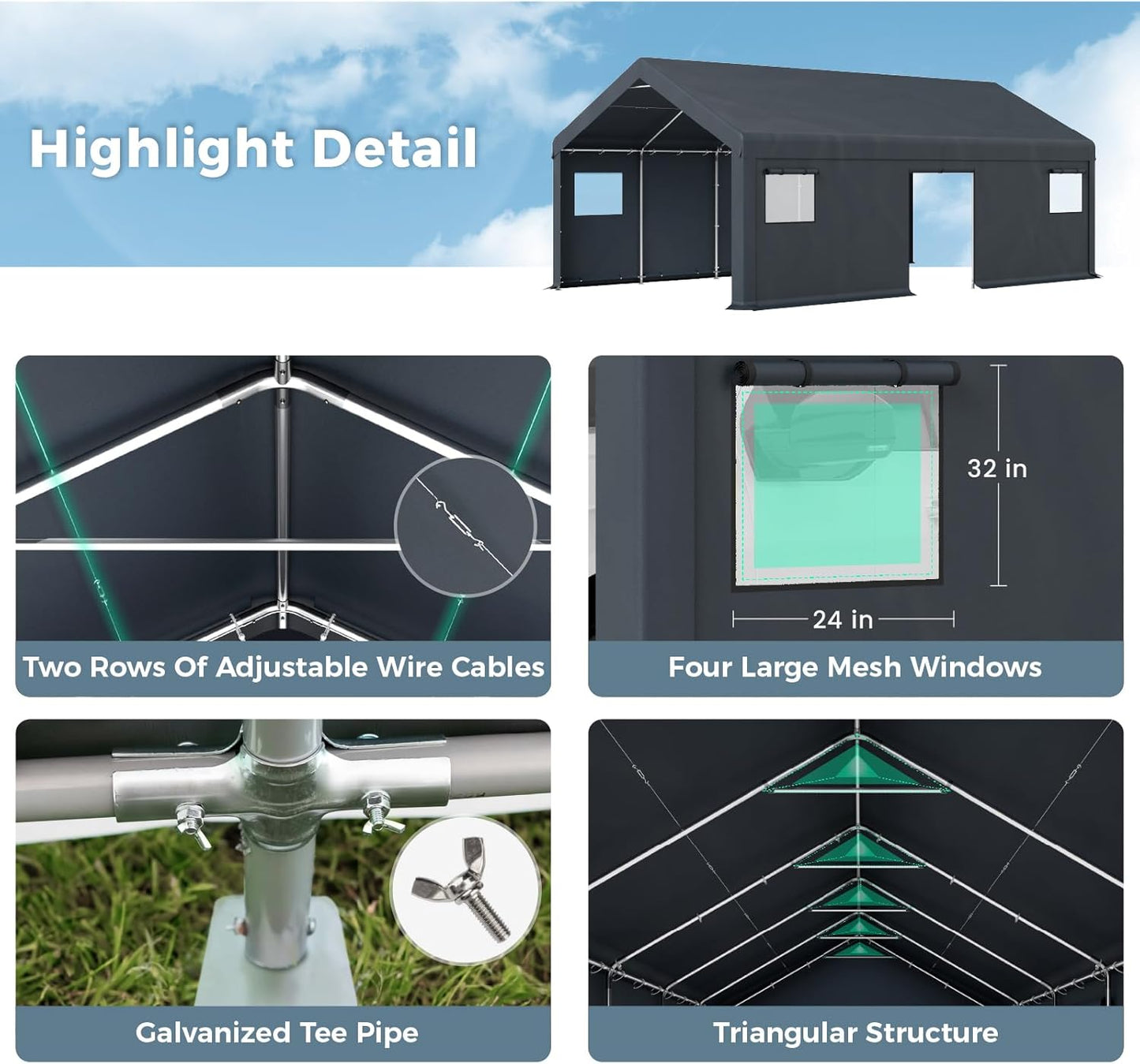 GREEN PARTY Carport, 13'x24' Extra Large Heavy Duty Carport with Roll-up Windows, Waterproof & 12 Legs Car Canopy Portable Garage Shelter with Removable Sidewalls & Doors for Car, Truck, SUV, Boat