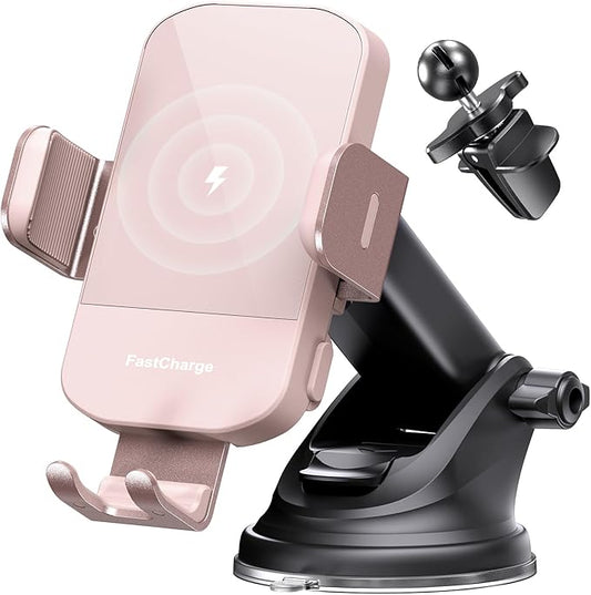 CHGeek Wireless Car Charger, 15W Fast Charging Auto Clamping Car Charger Phone Mount Phone Holder fit for iPhone 15 14 13 12 11 Pro Max Xs, Samsung Galaxy S25 Ultra S24 S23 S22, S21, S20, Pink