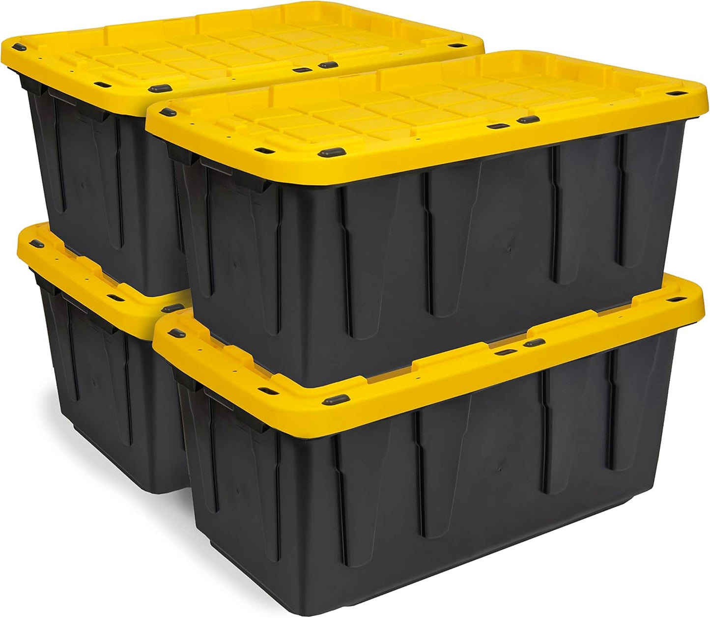 BLACK & YELLOW, 17-Gallon Heavy Duty Tough Storage Container & Snap-Tight Lid, (12.5"H x 18"W x 26.9"D), Weather-Resistant Design and Stackable Organization Tote [4 Pack]