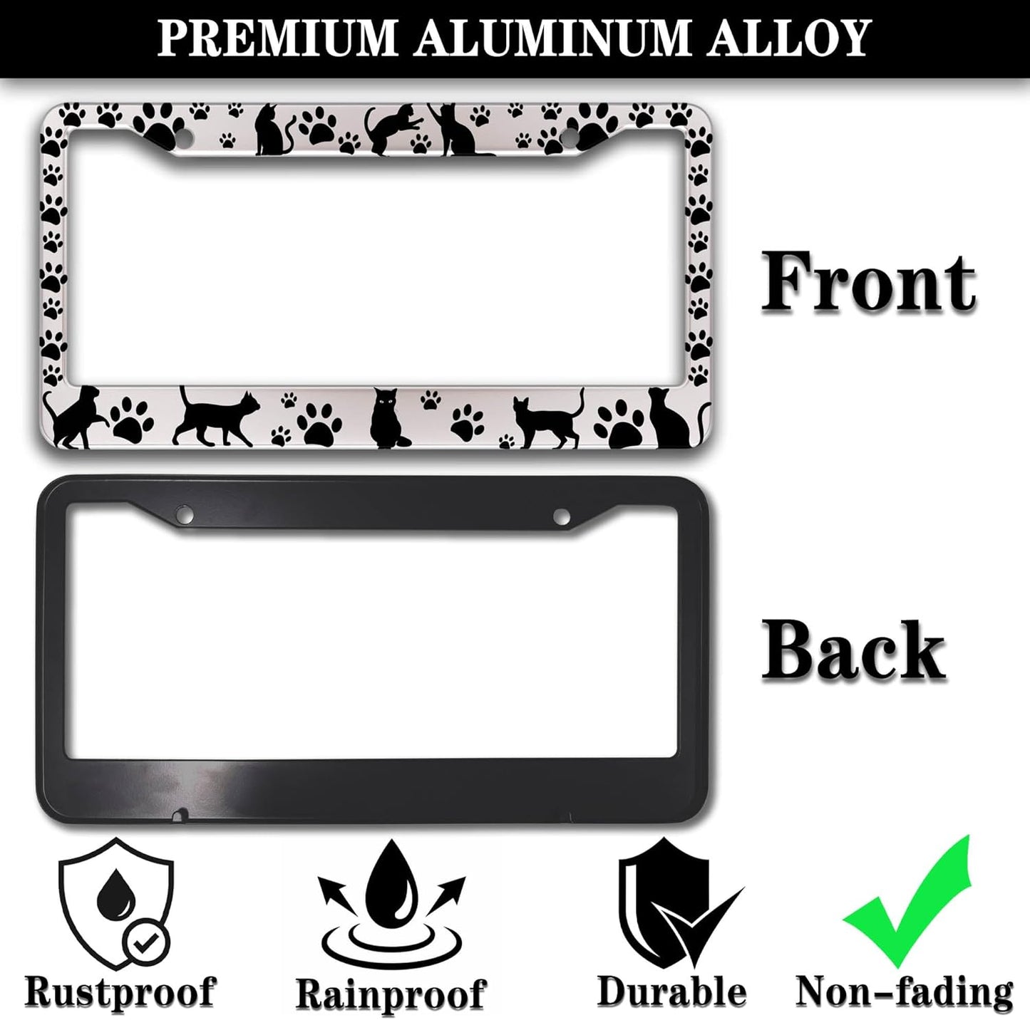 License Plate Frames Black and White License Plate Cover Kitty Cat Pawprints Aluminum Metal Car Accessory 2 Pack with Screw Covers Set