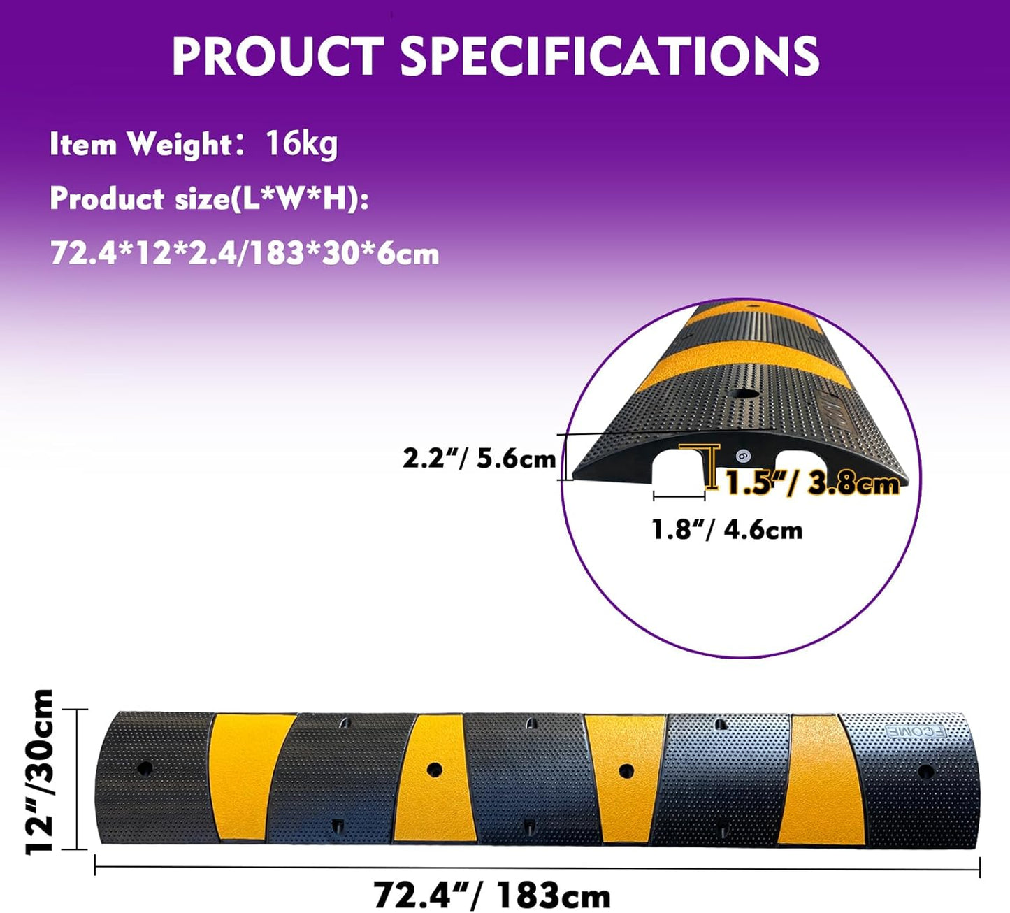 Rubber Speed Bump 6 Feet Rubber Driveway Modular Heavy Duty Speed 72.4 x 12 x 2.4 Inch Cable Protector Ramp for Garage Gravel Roads Asphalt Concrete, 6Ft-Speed Bump (2 Pack 6ft Speed Hump)