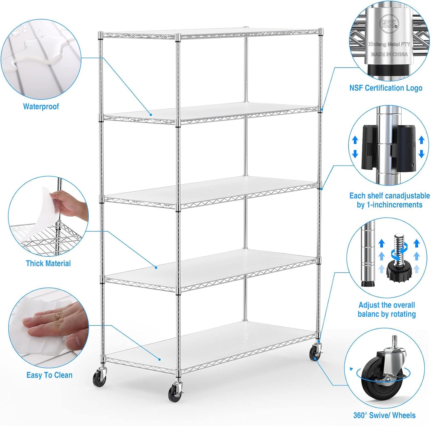 5 Tier NSF Metal Shelf Wire Shelving Unit, 6000lbs Capacity Heavy Duty Adjustable Storage Rack with Wheels & Shelf Liners for Commercial Grade Utility Steel Storage Rack , 82"H x 48"L x 24"D - Chrome