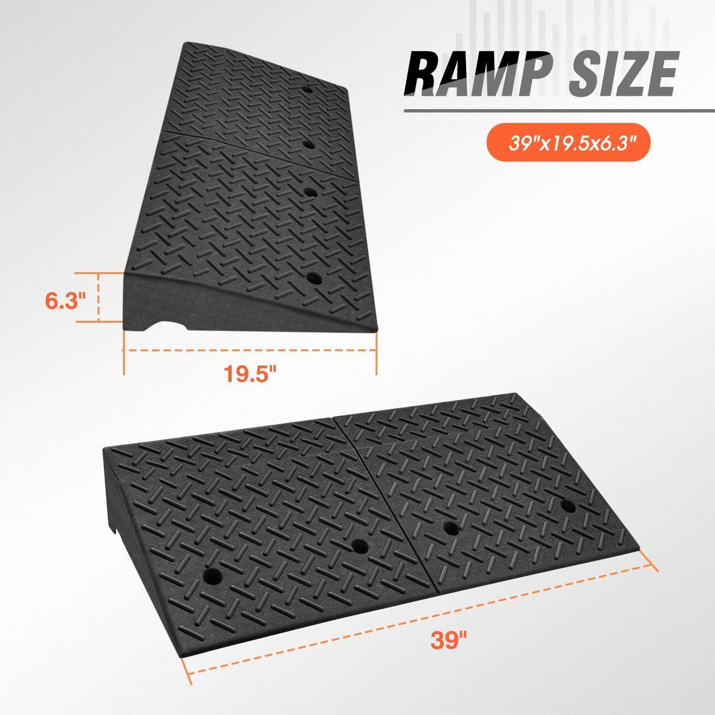 DNA MOTORING 6.3" Rise Rubber Curb Ramp Heavy Duty Loading Driveway Ramp Threshold Ramp 39 in L x 19.5 in W x 6.3 in H for Loading Dock, Warehouse, Wheelchair, Motorcycles, Cars, TOOLS-00652