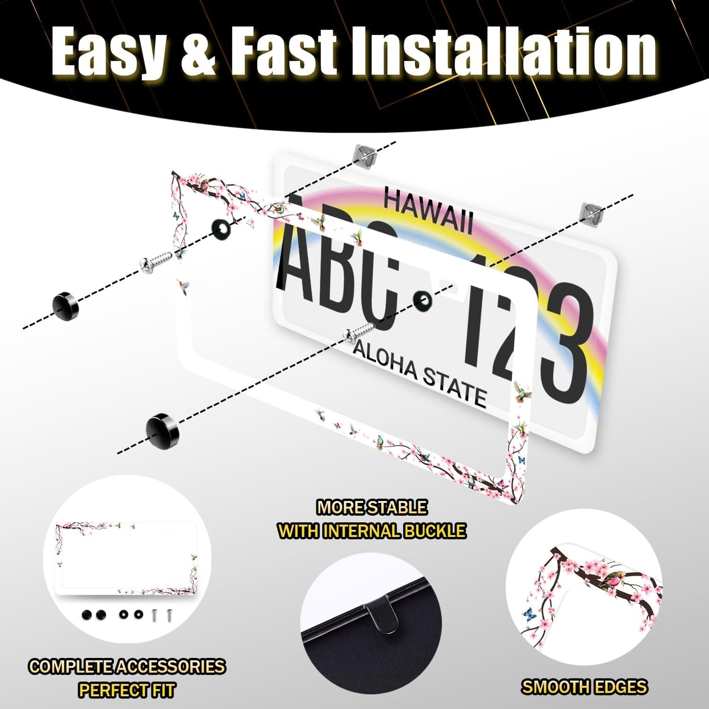 Hummingbird License Plate Frame Cherry Blossom Pink Flower License Plate Holder Colorful License Plate for Car Decoration Stainless Steel Bird Car Accessories with Screws Women 12.3"x6.3"