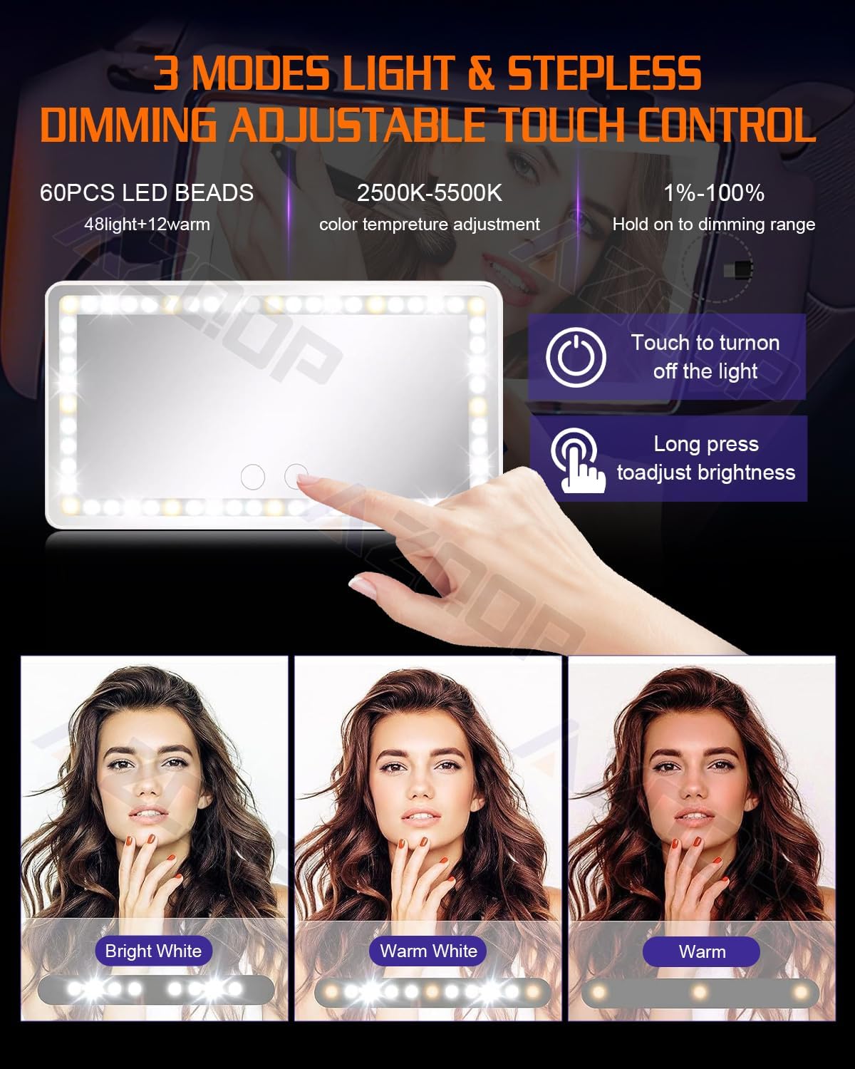 2PCS Car Sun Visor Vanity Mirror, Rechargeable Makeup Mirror with 3 Light Modes, Dimmable Touch Control, Rear View Sun-Shading Cosmetic Mirrors, Universal for Truck SUV, Ideal Gift for Women (White)