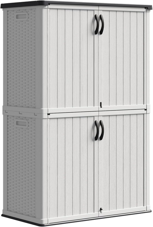 Patiowell 50 cu.ft Plastic Outdoor Storage Shed, Lockable Waterproof Resin Storage Cabinet Vertical Storage Shed for Garden Tools, Garbage Cans, Pool Supplies, White(Not Include Shelves)