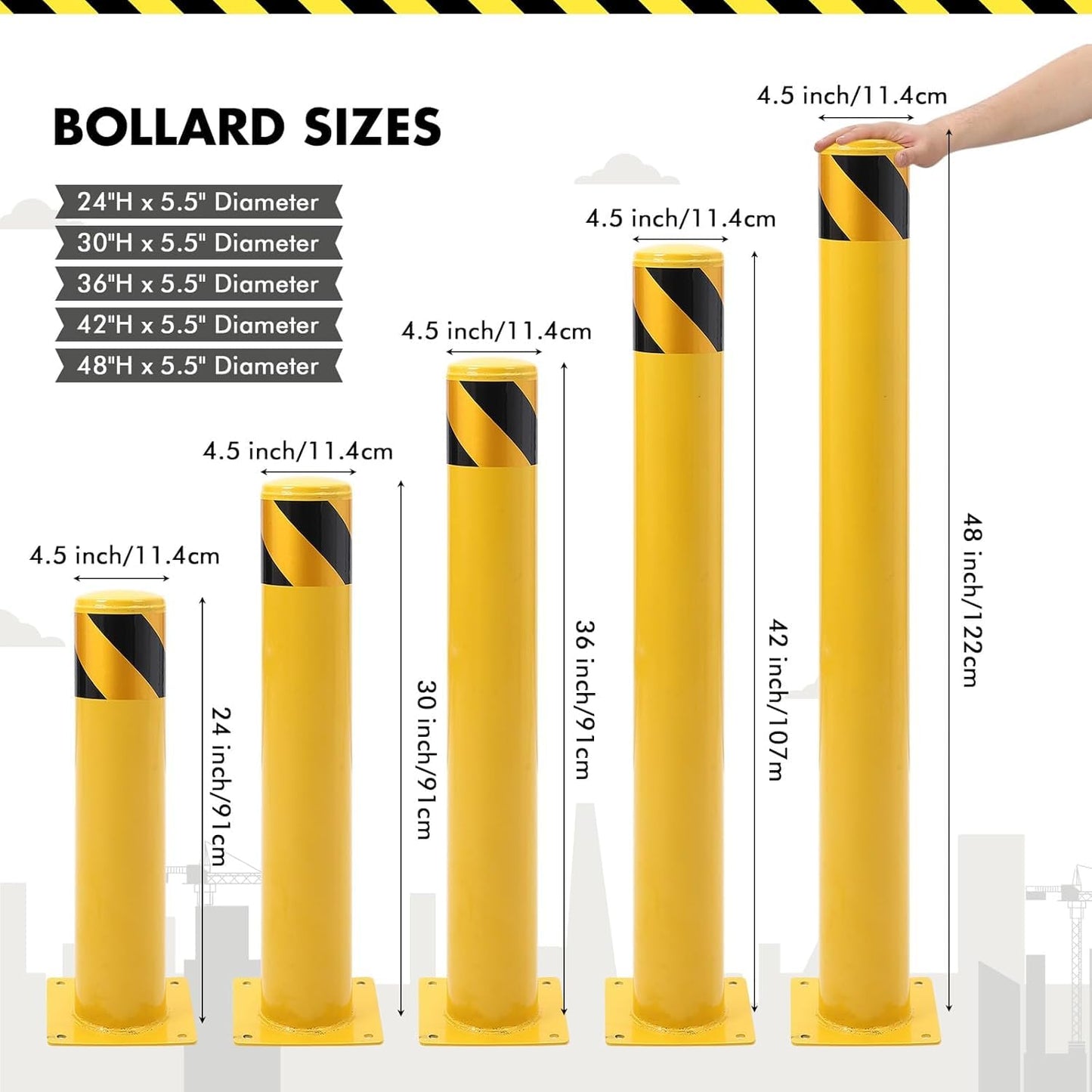 8 Pack Safety Bollard Post, 30 Inch Height 4.5 Inch Diameter Yellow Pipe Safety Steel Bollards with Anchor Bolts and Wrench, Steel Bollards for Road Warning Construction Public Place Traffic Control
