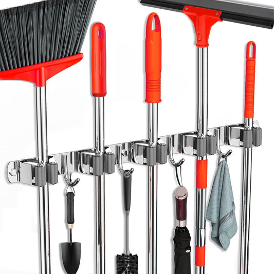 Mop and Broom Holder Wall Mount, Upgraded Broom Hanger Wall Mount, Stainless Steel Broom Organizer for Closet Garage Laundry Room Kitchen Wall Decor(5Racks 4Hooks Silver)