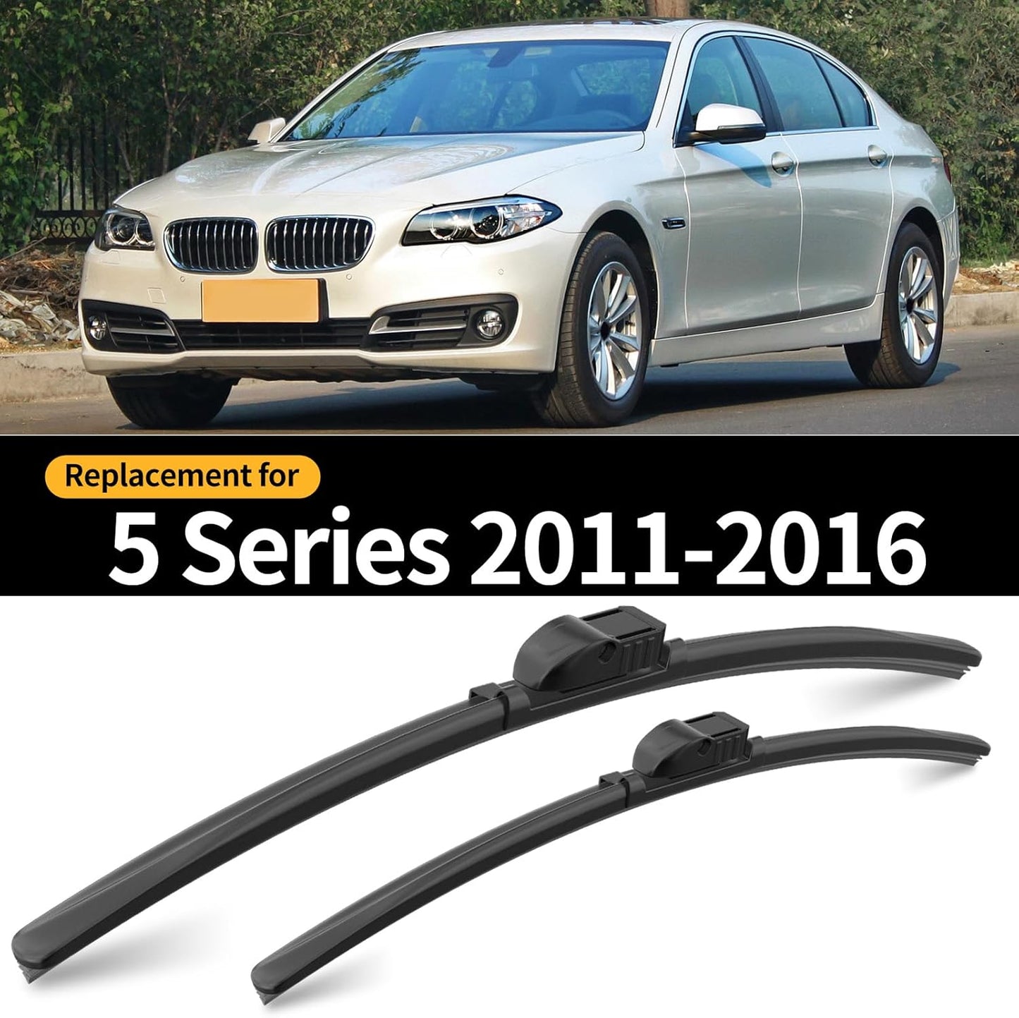 Front Windshield Wipers, 2-Piece Set for BMW 5 Series 528i 535i 535d 550i 2011 2012 2013 2014 2015 2016 - Automotive Replacement Front Wiper Blades for Car Window