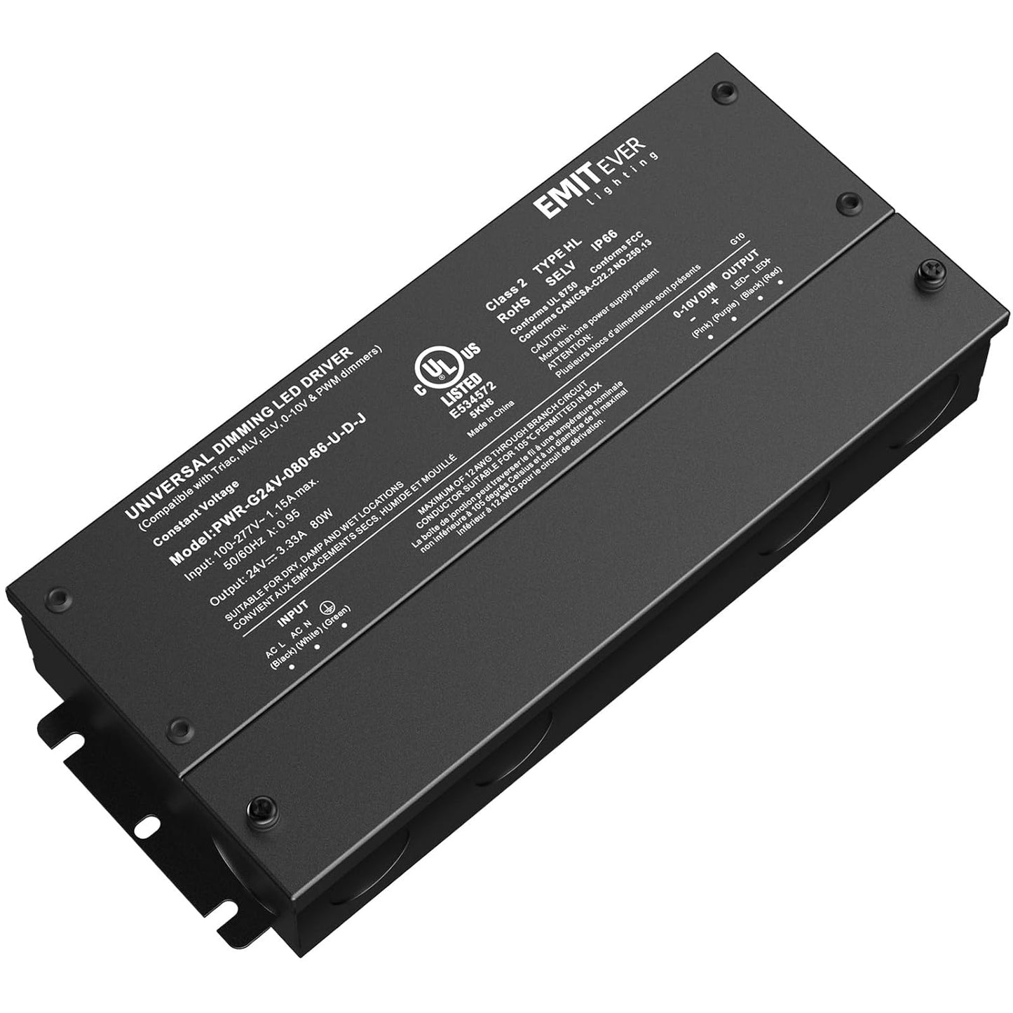 EMITEVER Dimmable Led Driver, 80W AC 110V-277V to DC 24V Transformer, 5-in-1 Dimming: ELV/MLV/TRIAC / 0-10V / 1-10V / 10V PWM/Potentiometer,Class 2,Waterproof IP67 and UL Listed，Class 2