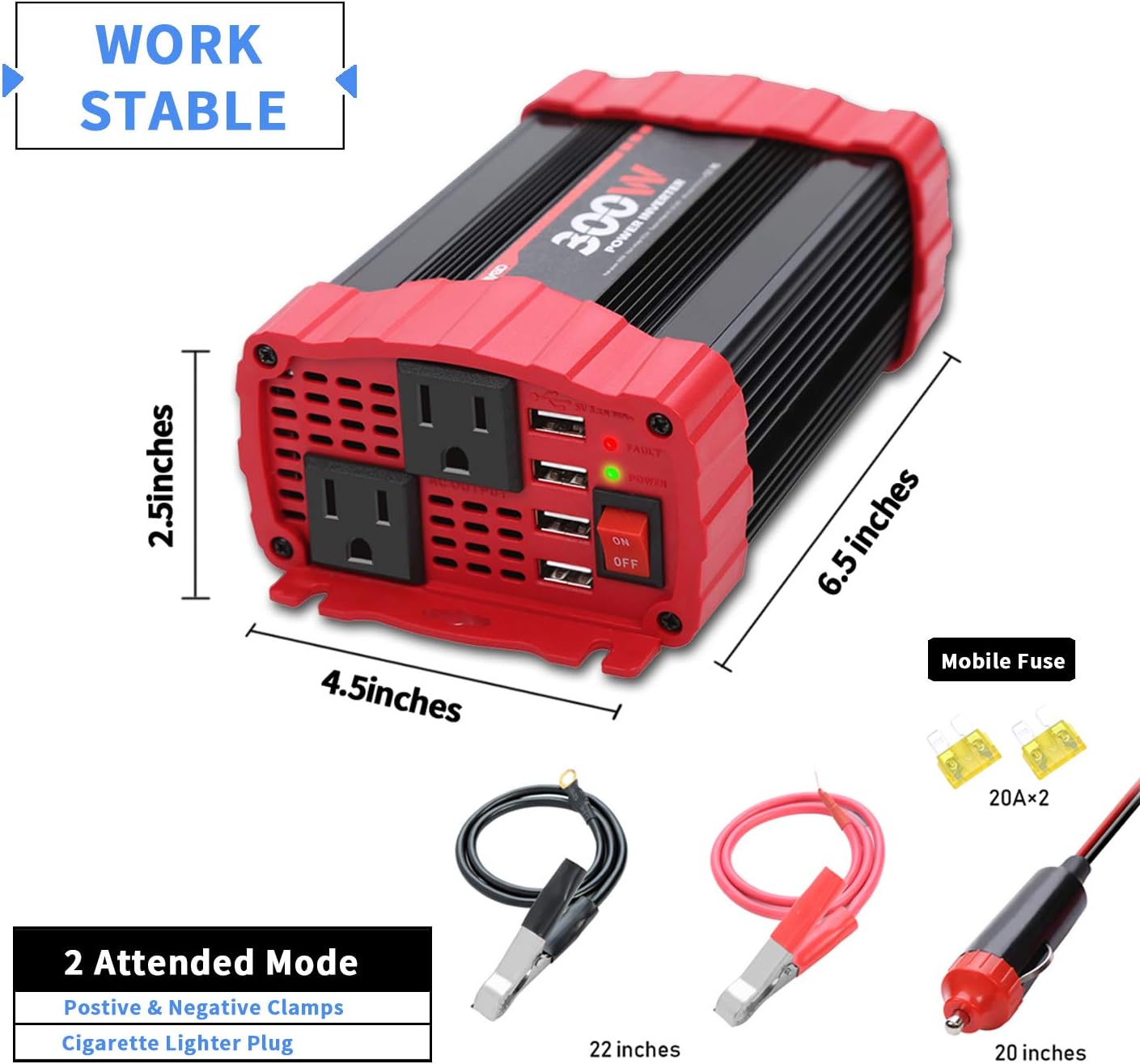 BYGD 300W Car Power Inverter, DC 12V to 110V AC Vehicle Plug Adapter Converter with 4 USB Quick Charging Ports and Dual AC Outlets Car Charger Equipped Cigarette Lighter Cable and Battery Clamps Red