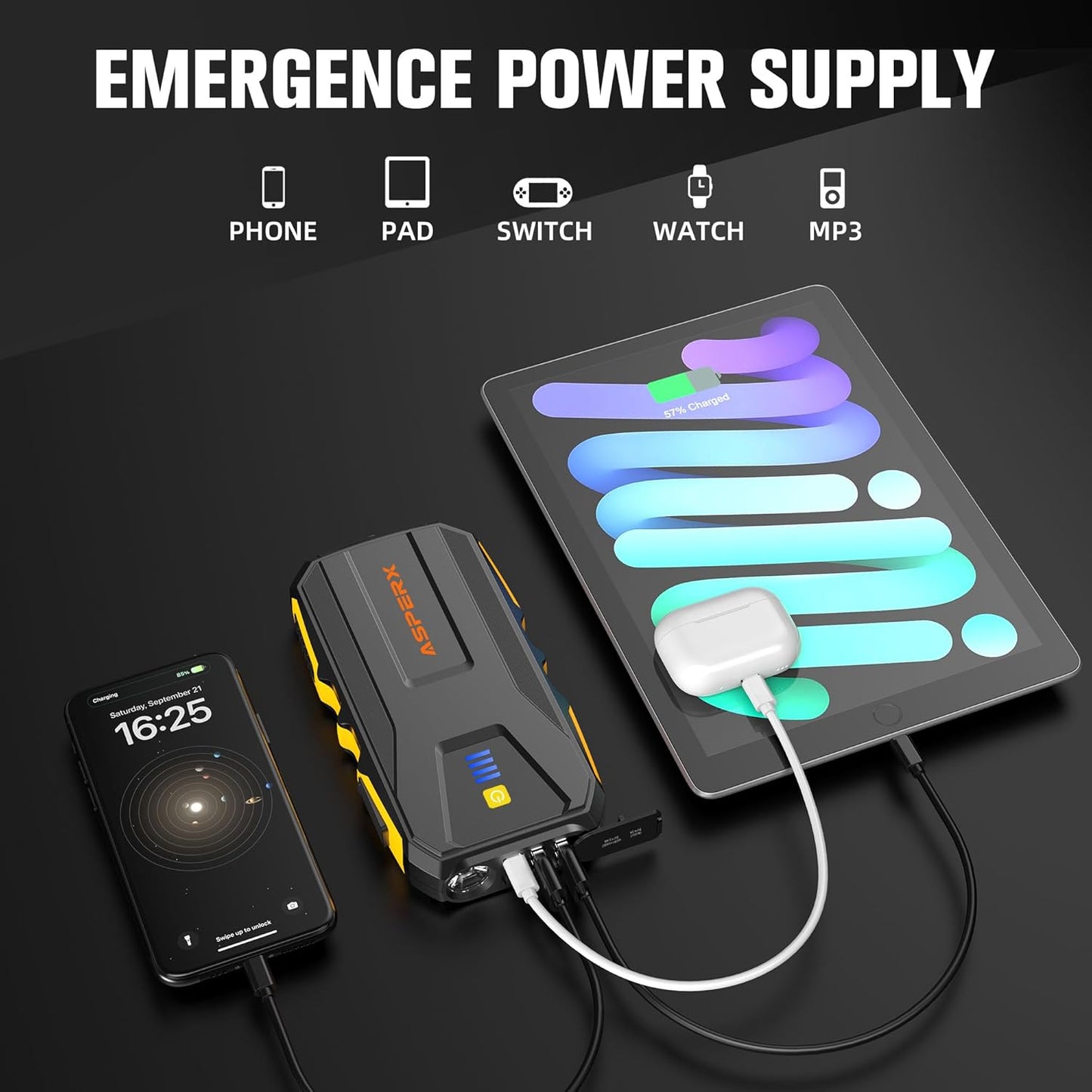 ASPERX 3000A Jump Starter for Car Battery, 12V Portable Jump Box with LED Light & Smart Jumper Cables, BMS for Up to 10.0L Gas or 8.0L Diesel Engines-Yellow