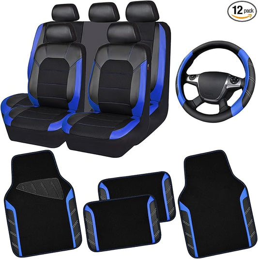 CAR PASS Air Mesh Leather Car Seat Covers Full Set, Waterproof Car Floor Mats, Sporty Steering Wheel Cover 14.5-15in, Universal Fits for 95% Cars Truck SUV (Black and Blue)