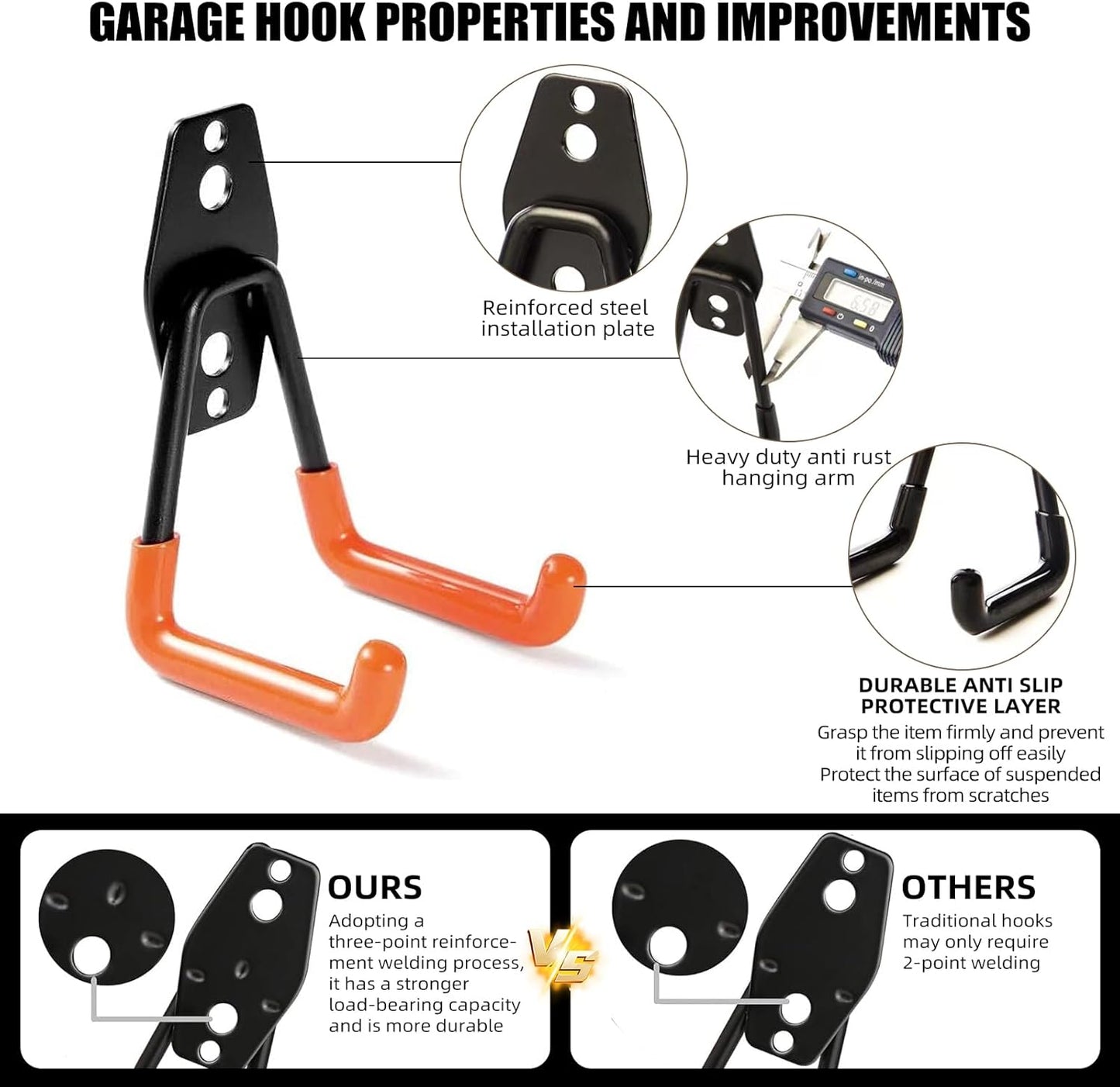 6-Pack Small Square Heavy Duty Garage Hooks, Ideal for Hanging Ladders, Bikes, Tools, Garage, Garden, Basement, Shed, Utility Room Storage (Orange)