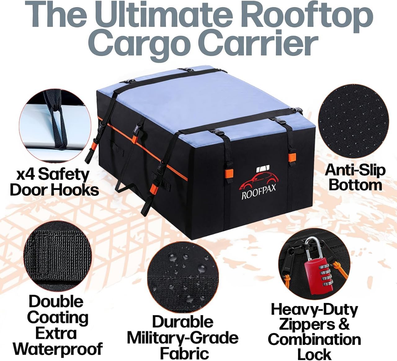 RoofPax Expandable 15/19 cft. Car Rooftop Cargo Carrier Bag Waterproof Storage Including Double Zippers, Heavy-Duty Tie-Down Straps fit Cars with/Without Roof Top Rack or Side Rails